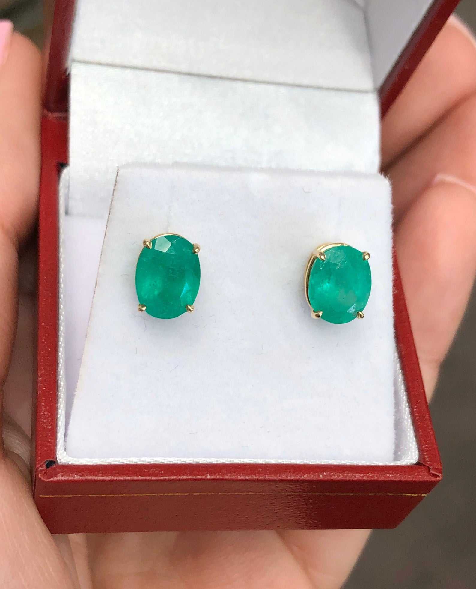 3.20tcw Medium Dark Deep Green Natural Emerald Oval Stud Earrings in 14K Gold - Elegant Statement Jewelry for Women, Perfect for Weddings, Parties & Special Occasions
