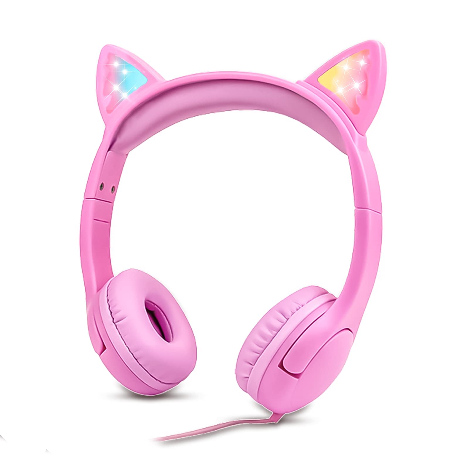 Olyre LED Light Up Cat Ear Headphones for Girls - 85dB Hearing Protection, Over-Ear Kids Headphones with 3.5mm Jack (Pink) - Perfect for School, Travel & Gaming