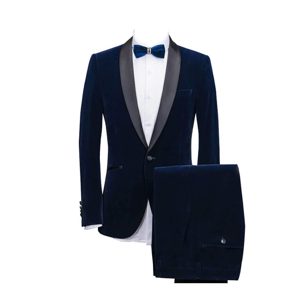 Men's Blue Velvet Classic Tuxedo Suit - Single Breasted Shawl Lapel Jacket with Flat Front Pants | Wedding, Prom, Formal Events & Evening Occasions