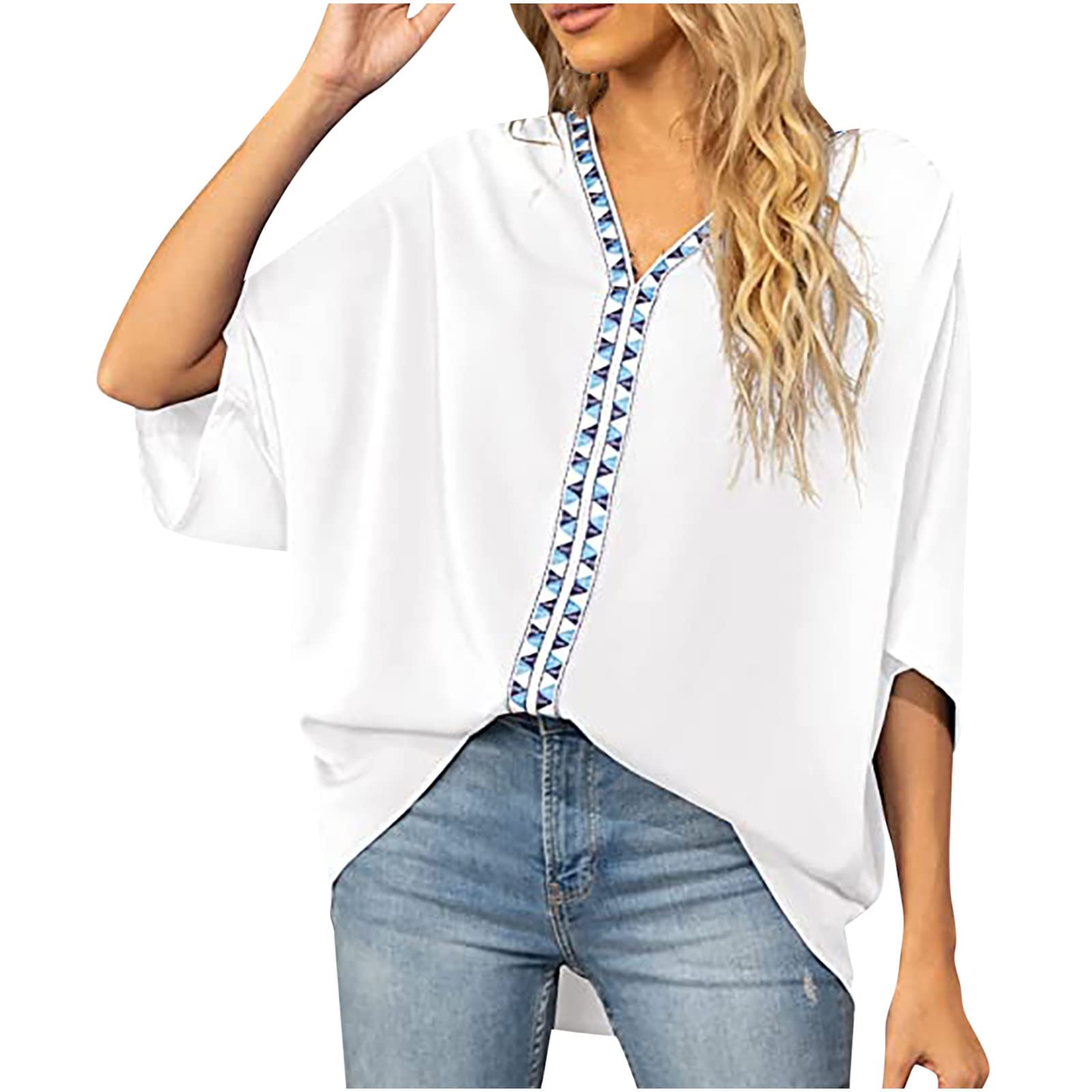 Women's Boho Chiffon Blouse - Loose Batwing Sleeve Summer Top with Embroidery V-Neck for Office & Casual Wear | Perfect for Work, Date Night & Vacation Outfits
