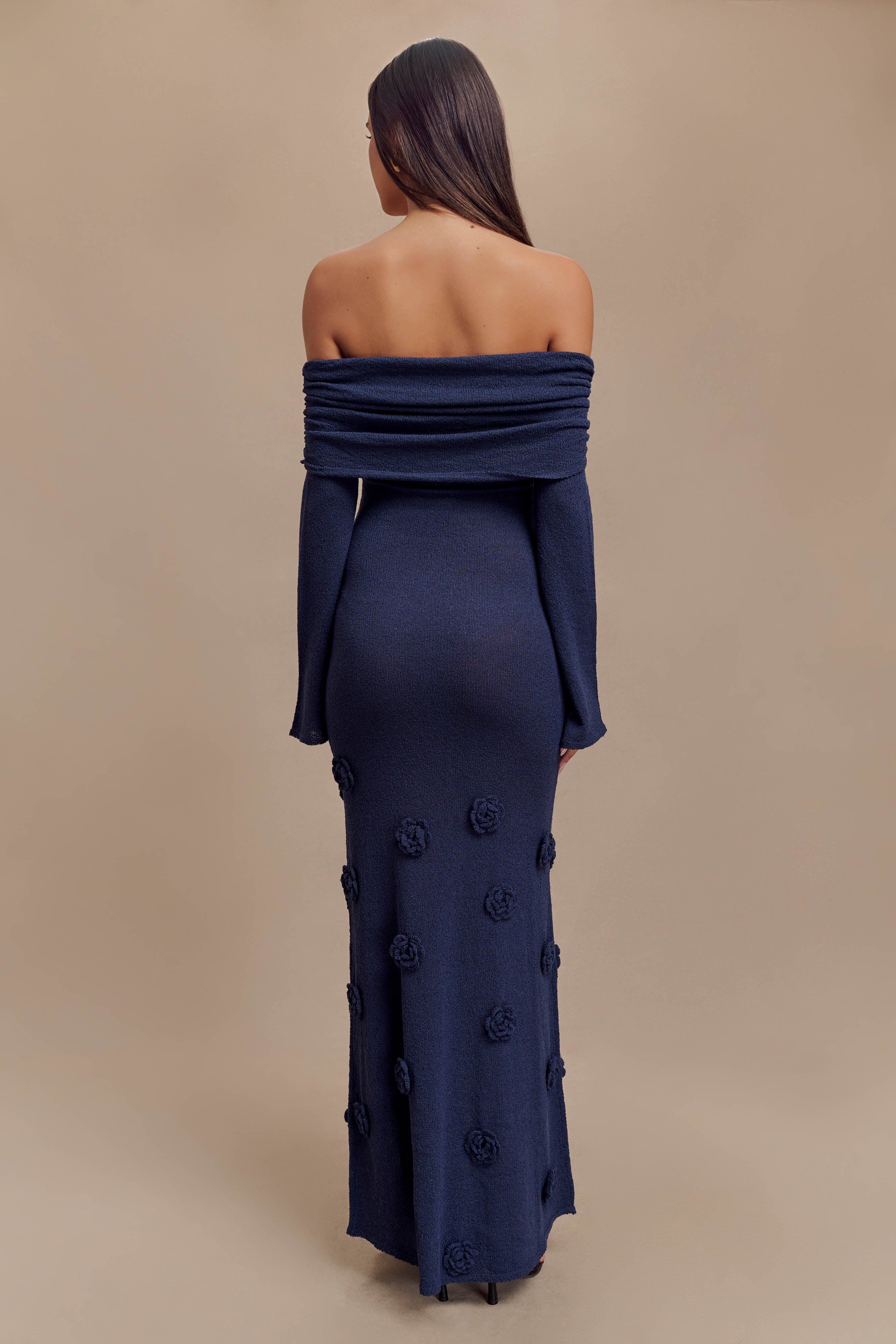 Kiki Off Shoulder Knit Rose Maxi Dress in Navy Blue - Perfect for Summer Beach Vacations & Boho Chic Outfits