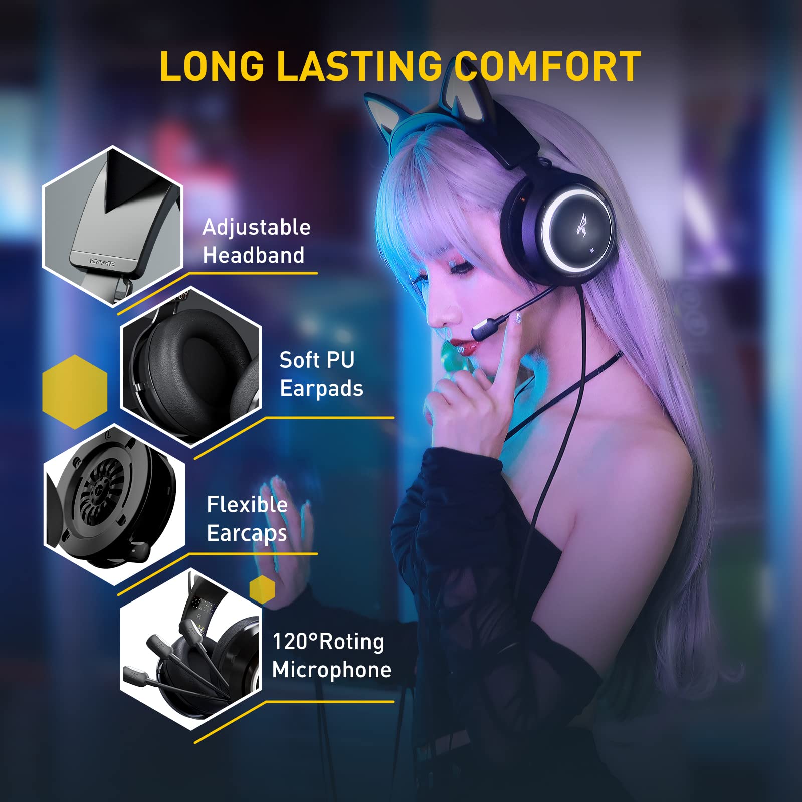 SOMiC GS510 Cat Ear Gaming Headset with Retractable Mic - 3.5mm Wired Noise Cancelling Headphones for Xbox One, PS5, PS4, PC (Black) - Perfect for Live Streaming, Gaming & Online Classes