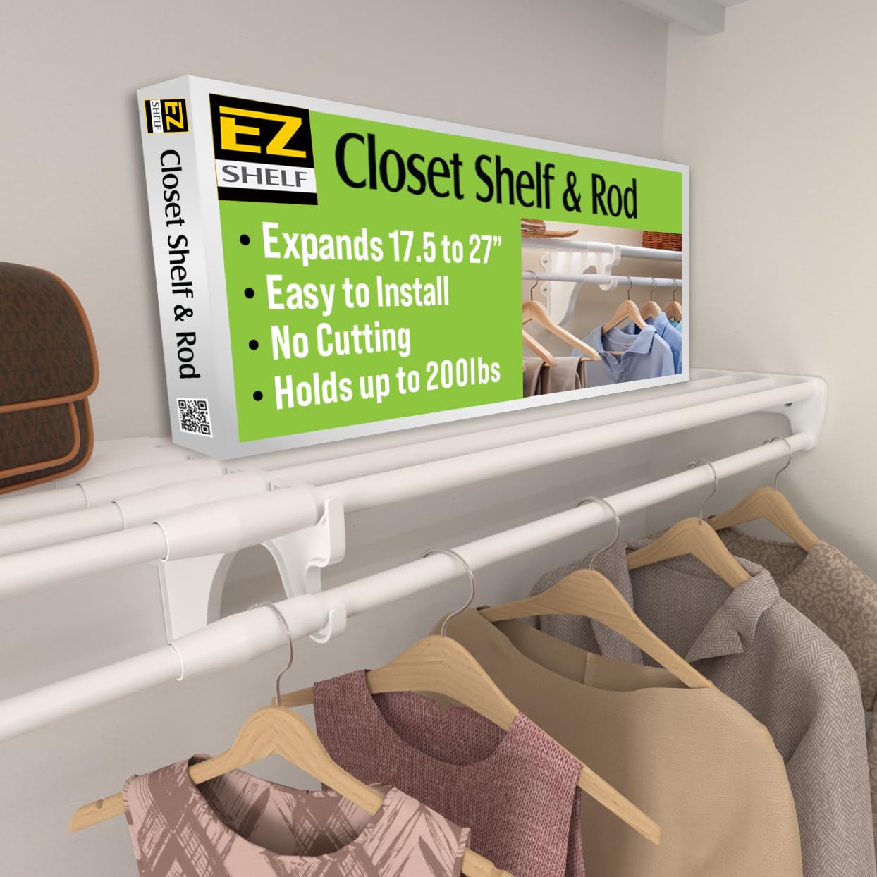 EZ Shelf - White Expandable Closet Rod & Shelf (65.3” to 120”) - 200 lbs Capacity - Quick Install Closet Organizer for Bedroom, Laundry Room & Office - Wall Mounted with 2 Brackets - Perfect for Small Spaces, Rentals & Home Organization