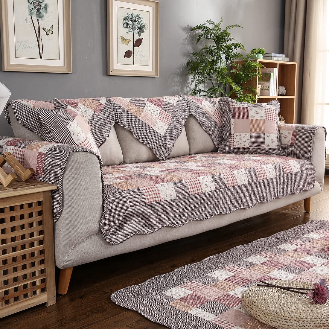 VCTOPS Floral Patchwork Boho Cotton Quilted Sofa Cover - Non-Slip Sectional Couch Slipcover for Pets & Kids - 36x63 Inch Furniture Protector (Red) - Perfect for Living Room, Bedroom & Home Decor