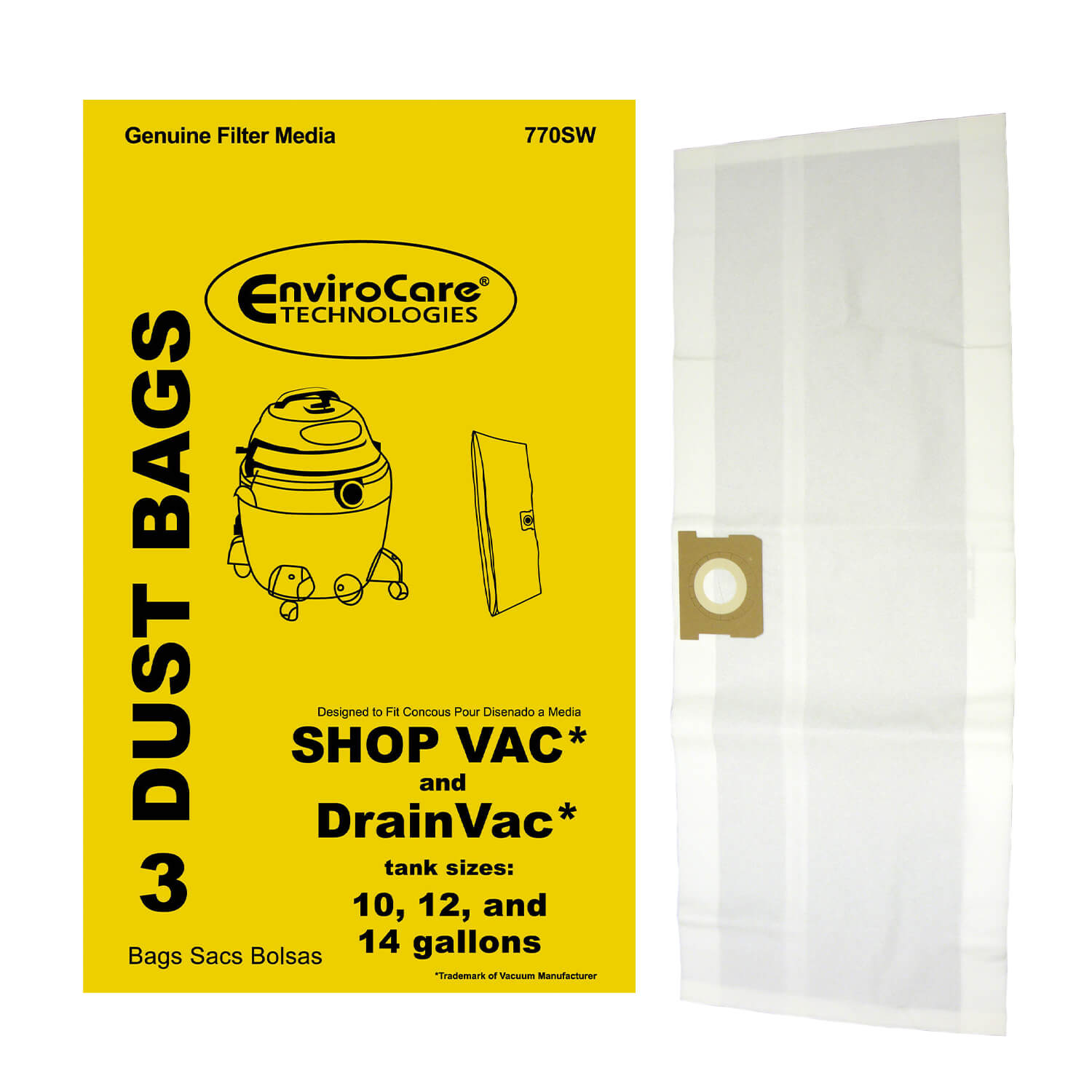 EnviroCare Replacement Vacuum Bags #770SW for Wet/Dry Vacuums - 3 Pack - Ideal for Home Cleaning, Workshop, and Garage Use