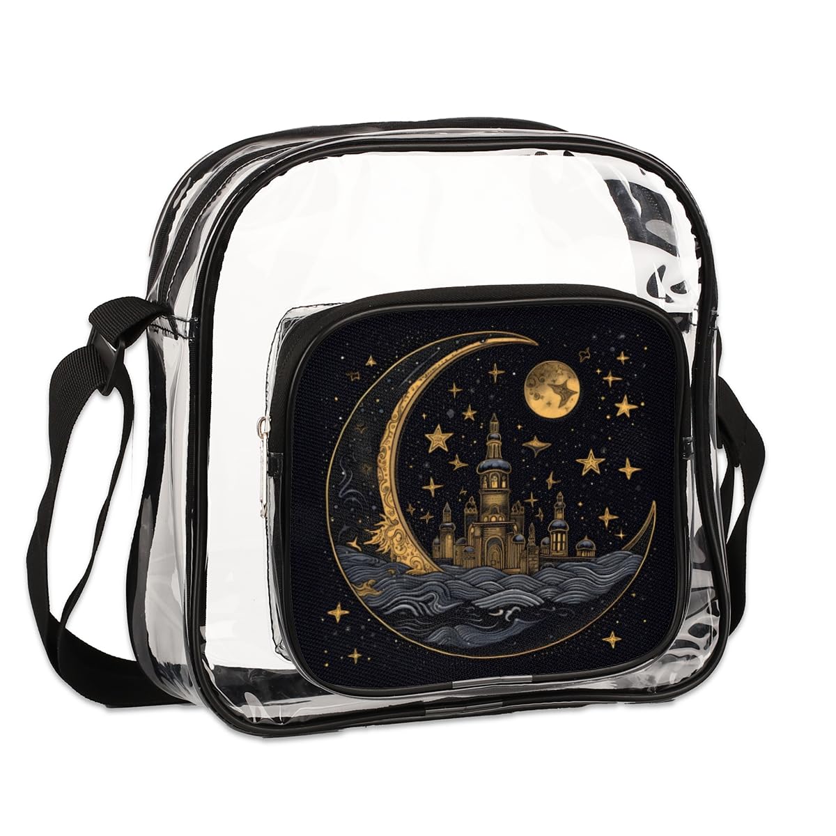 Sun Moon Clear Crossbody Purse Bag - Gold & Black Moon Pattern Stadium Approved Clear Bag for Women & Men | Perfect for Concerts, Festivals, Sports Events & Travel Security Checks