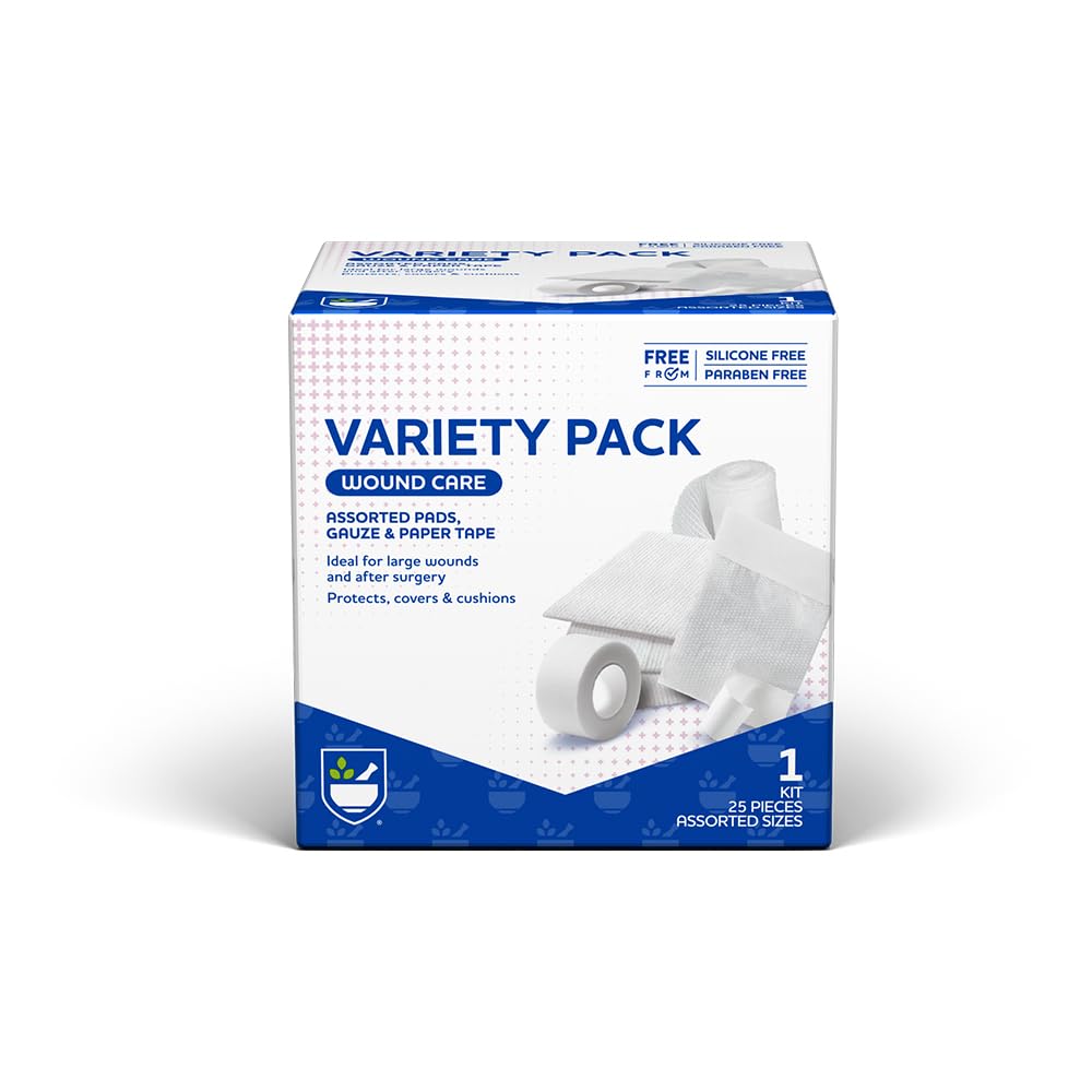 Rite Aid Sterile First Aid Gauze Pads Variety Pack - 25 Assorted Gauze Pads with Adhesive Tape | Wound Care Supplies for First Aid Kits | Ideal for Cuts, Scrapes, Burns & Minor Injuries