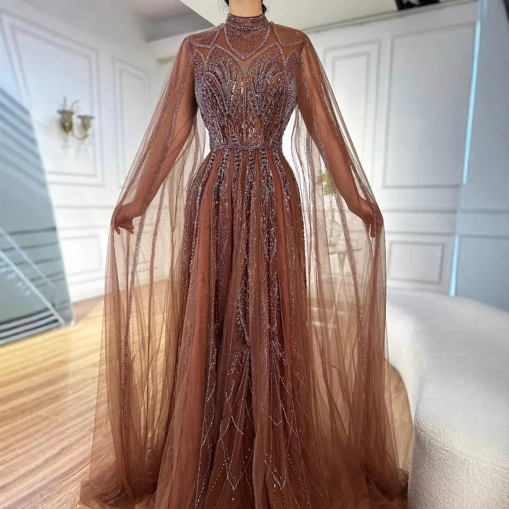 Luxury Brown Beaded Evening Gown with Cape - Arabic Style Formal Dress LA72951 for Wedding, Gala & Special Occasions