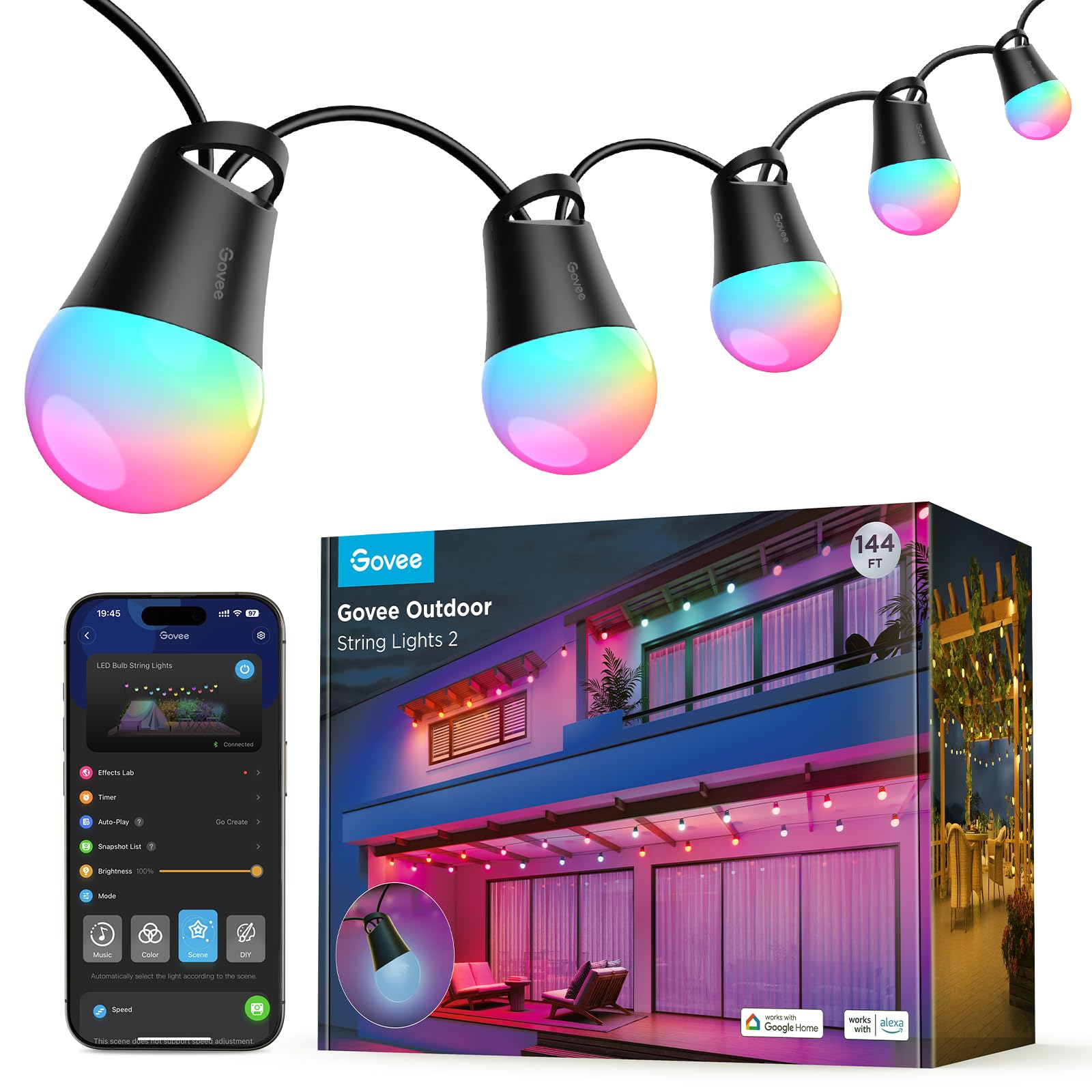 Govee 144ft Smart Outdoor String Lights with Dimmable Warm White LED Bulbs - 47 Scene Modes, IP65 Waterproof, Alexa & App Control - Perfect for Patio, Backyard, Balcony, Garden & Outdoor Parties