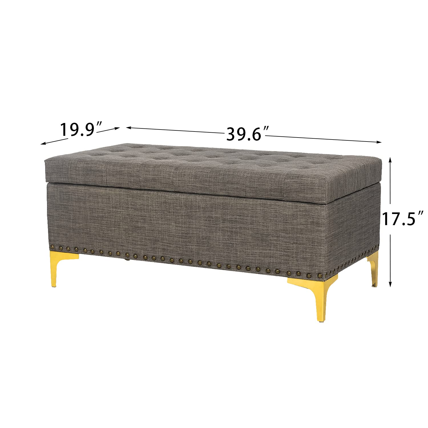 Adeco Tufted Rectangular Storage Ottoman Bench with Lift Top & Sturdy Metal Legs - Dark Grey Footstool for Living Room, Bedroom, or Entryway Storage