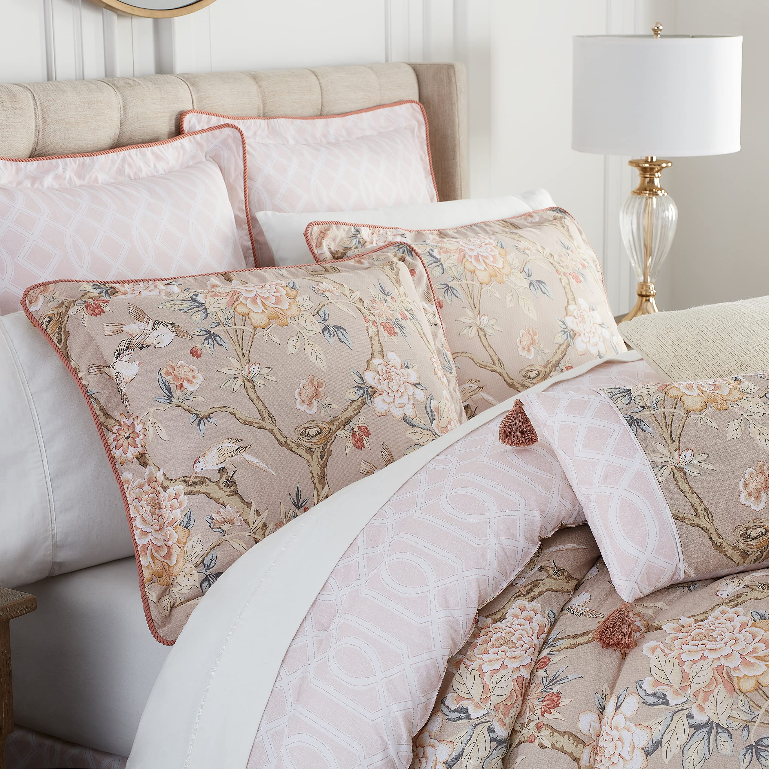 Waverly Peony Gardens 4-Piece King Cotton Comforter Set - All Season Embellished Bedding with Comforter, Bed Skirt & 2 Pillow Shams - Machine Washable Taupe - Perfect for Master Bedroom, Guest Room & Luxury Hotel Decor