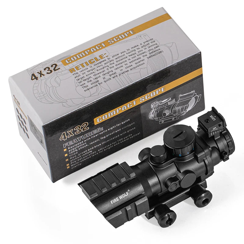 4x32 Red Dot Riflescope with Top Weaver Rail & 20mm Dovetail - Tactical Optics Scope for Hunting, Rifle, Airsoft | Perfect for Outdoor Shooting & Target Practice