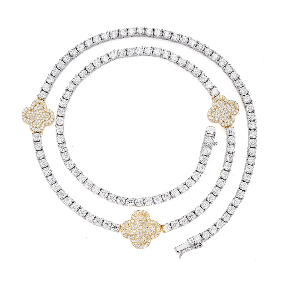 Moissanite Tennis Clover Necklace for Women - 925 Sterling Silver & 18K Gold Plated - Elegant Jewelry Gift for Birthday, Anniversary & Everyday Wear