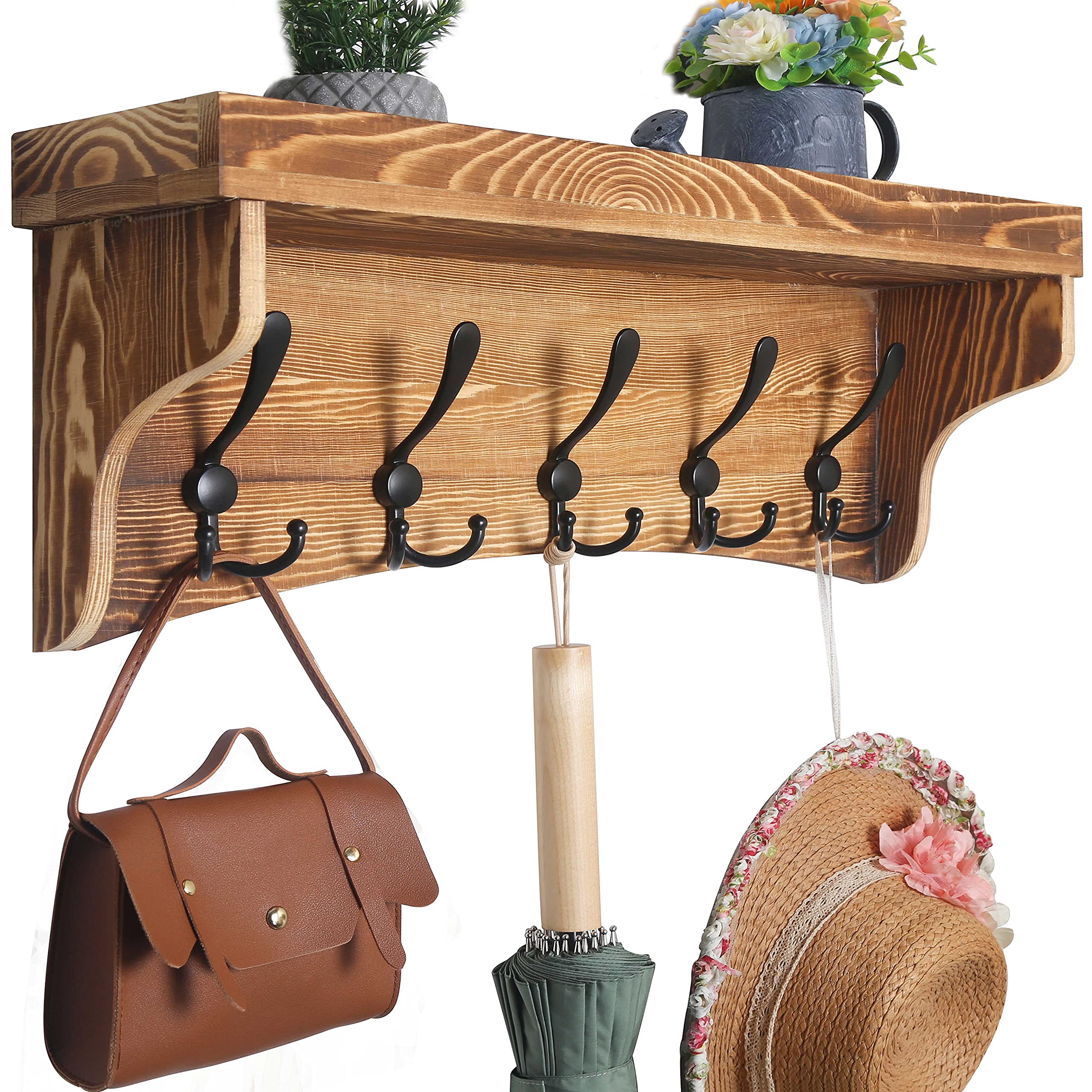 WEBI 24’’ Wall Shelf with 5 Triple Hooks - Rustic Brown Coat Rack & Key Holder for Entryway, Bathroom & Bedroom Organization | Space-Saving Wall Mounted Shelf with Storage
