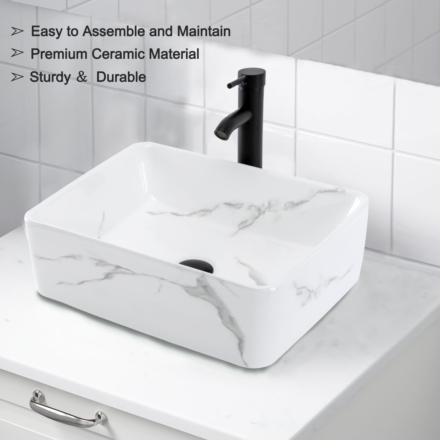 19x15 Inch Rectangular Marble Porcelain Ceramic Vessel Sink - Above Counter Bathroom Sink with Faucet & Pop-Up Drain Combo - Perfect for Modern Bathroom Vanity and Powder Room Renovation