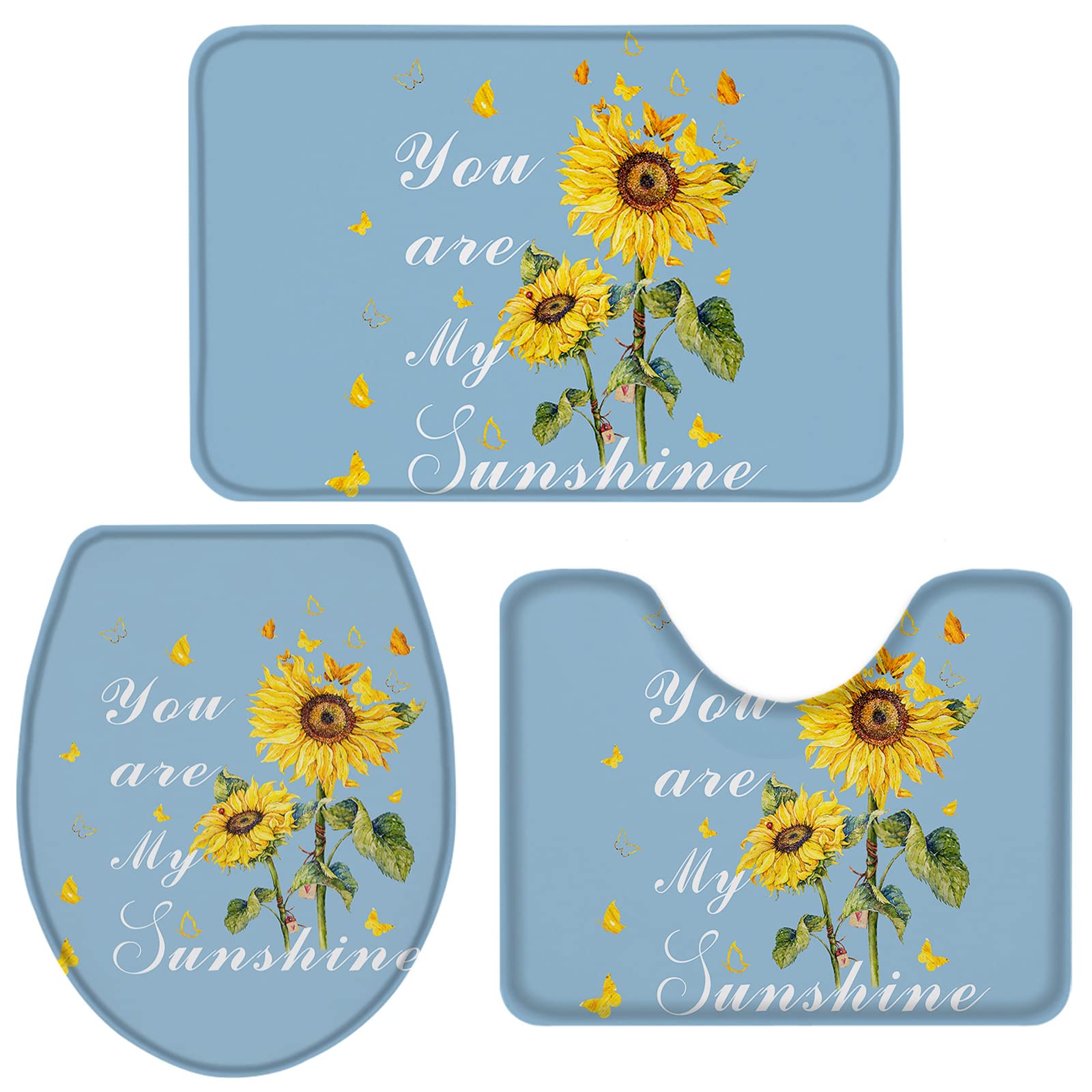 3-Piece Non-Slip Bathroom Rug Set with Sunflower & Butterfly Design - Includes U-Shaped Rug, Toilet Lid Cover, and Large Bath Mat | Perfect for Bathroom Floor Protection and Decor