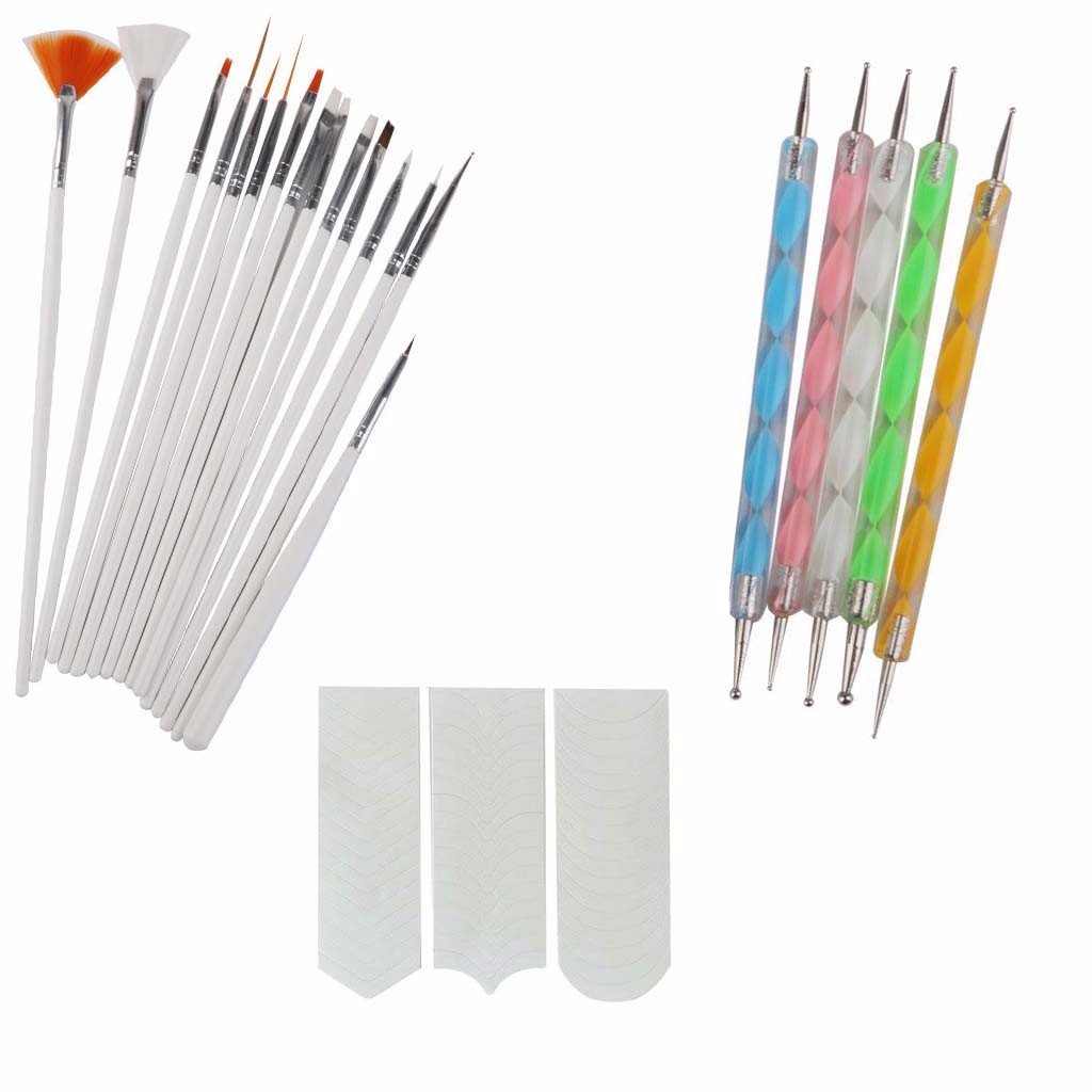 15pc Nail Brush Set with 5pc Nail Pen & French Manicure Stickers - Professional Nail Art Kit for DIY Salon, Home Manicure & Party Makeup