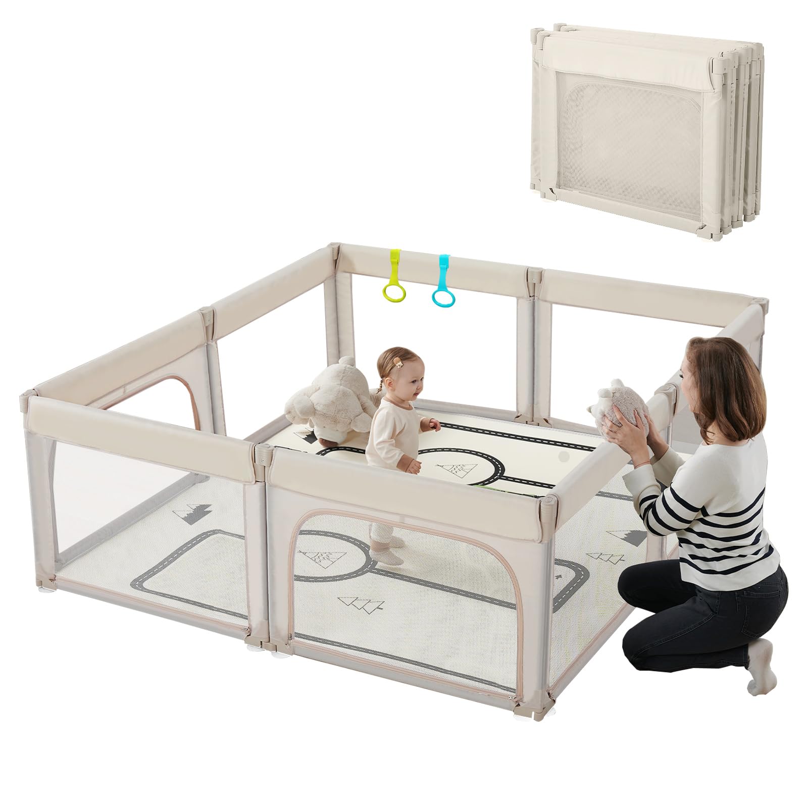 Doradotey Adjustable Baby Playpen - Large & Small Foldable Playard for Infants & Toddlers, Breathable Mesh Anti-Fall Play Yard with Shape-Changing Design (71x79 Inches, Khaki) - Perfect for Indoor Play Centers, Nursery Rooms & Backyard Safety