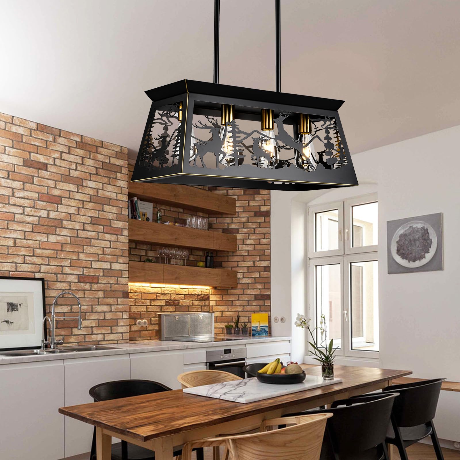Rustic Black Rectangle Farmhouse Chandelier - 24-Inch 4-Light Deer Design Pendant Lighting for Dining Room, Kitchen Island & Table - Perfect for Country Homes, Cabin Decor & Farmhouse Style Interiors