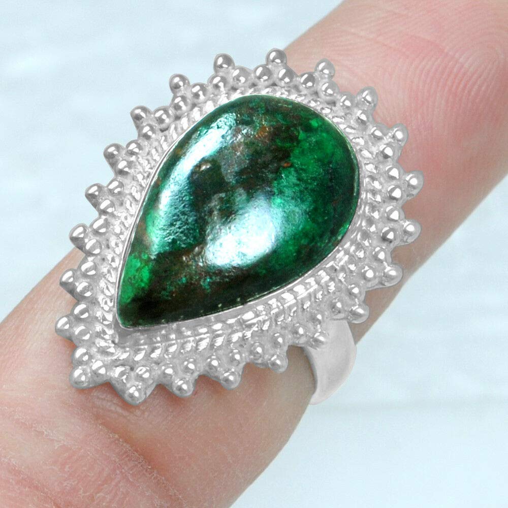 Chrysocolla 925 Sterling Silver Rings for Women | Green Gemstone Bridesmaid Rings | Handmade Boho Jewelry with Pear Cut Bezel Setting | Perfect for Weddings, Gifts & Boho Fashion