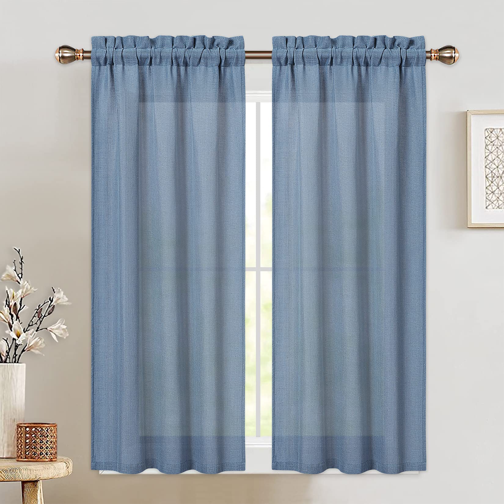 Linen Textured Cafe Curtains 45 Inch Length - Grayish Blue Kitchen Window Curtains with Rod Pocket, 2 Panels Set for Small Windows | Perfect for Kitchen, Dining Room & Coffee Shop Decor