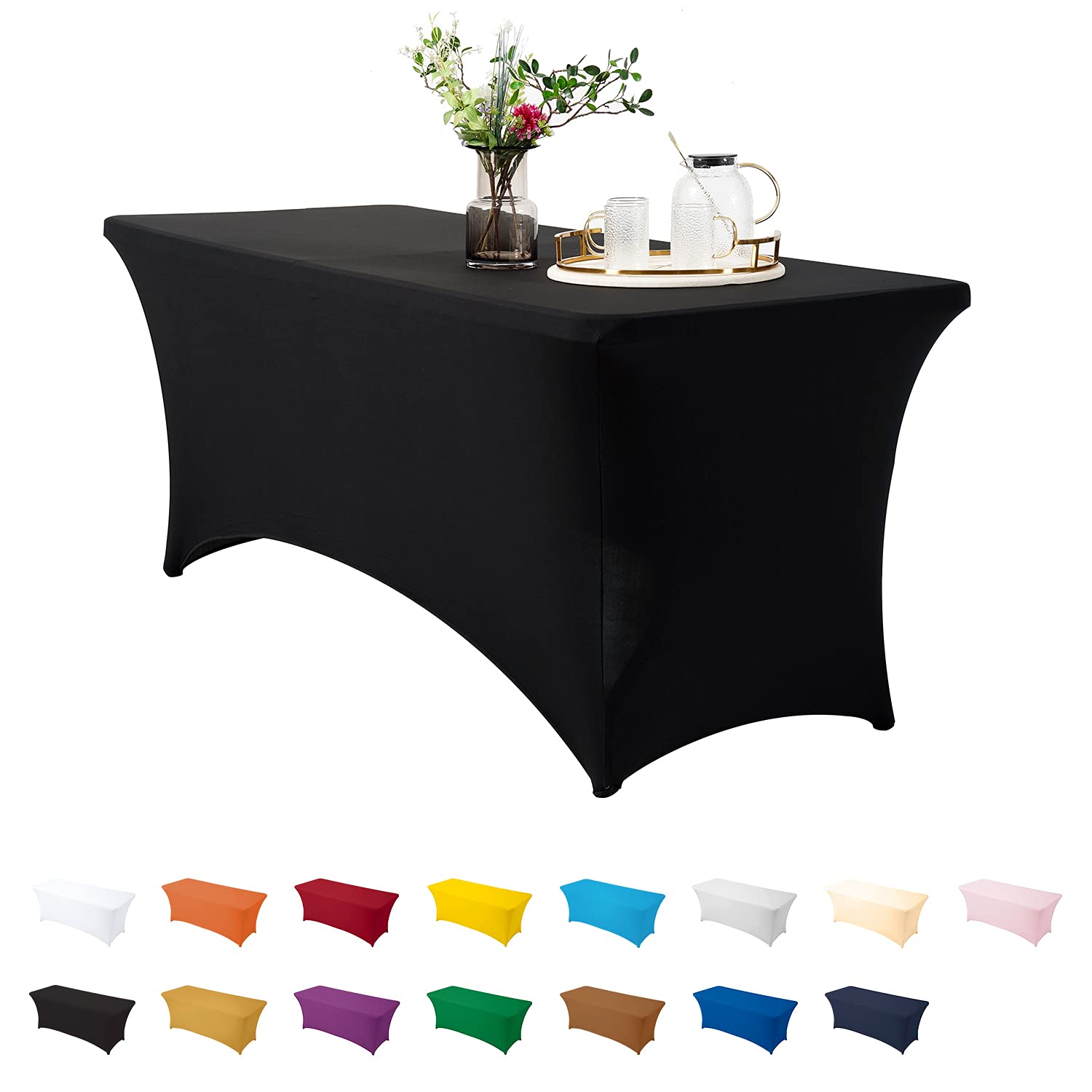 ManMengJi 4 ft Spandex Table Cover - Stretchable Fitted Tablecloth for Standard Folding Tables, Universal Rectangular Tablecloth for Wedding, Banquet, Party & Events - Perfect for Indoor/Outdoor Use (Black)