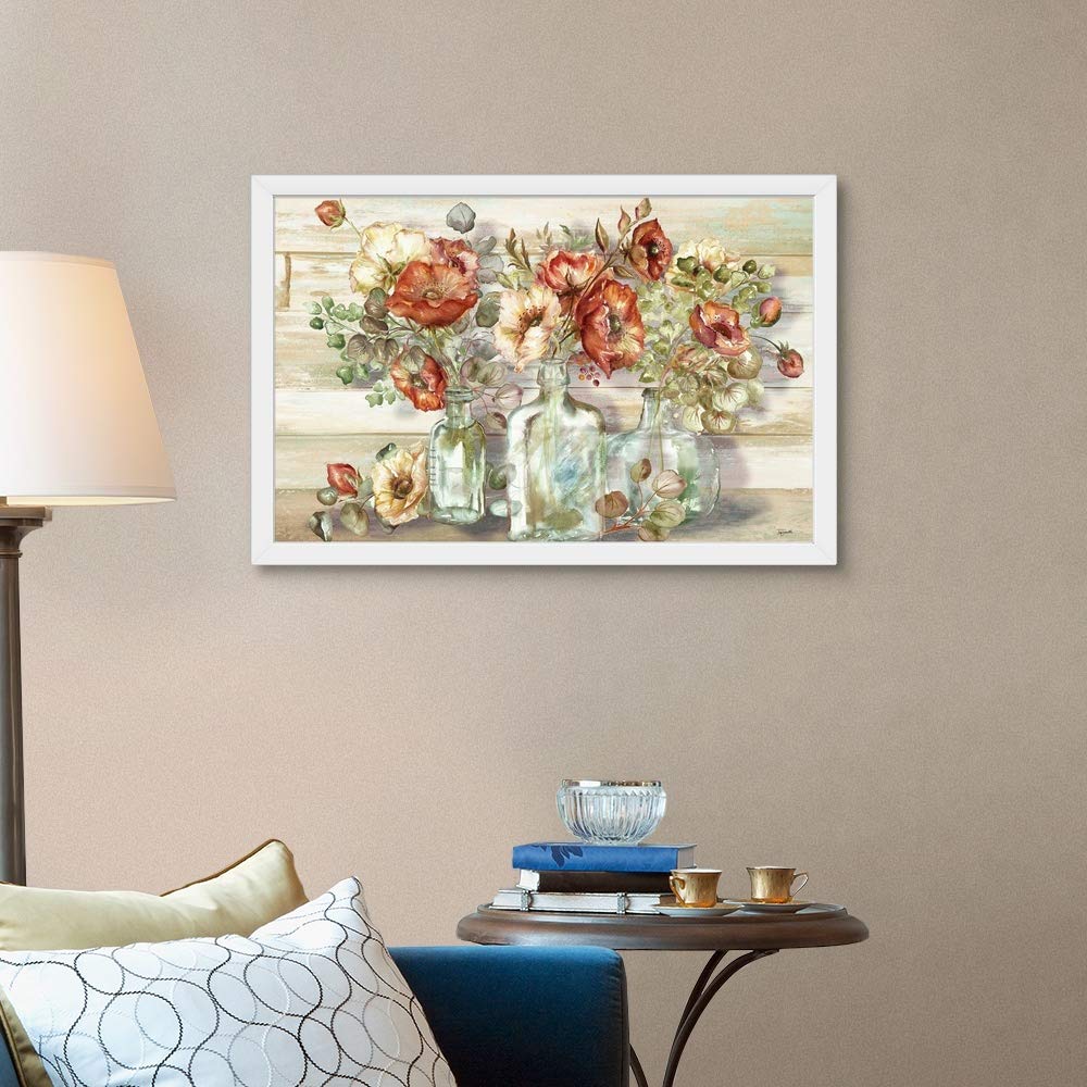 White Framed Art Print - Spice Poppies and Eucalyptus in Bottles, Floral Wall Decor for Living Room, Bedroom & Office | Poppy Artwork