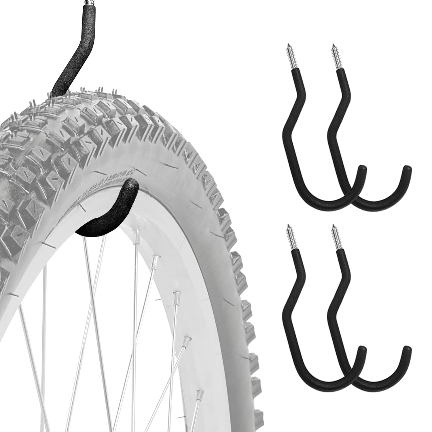 Heavy Duty Bike Storage Hooks - 4 Pack Large Screw Hooks for Garage Wall & Ceiling Bicycle Mount - Bike, Ladder & Tool Organizer - Perfect for Garage, Shed & Home Storage Organization