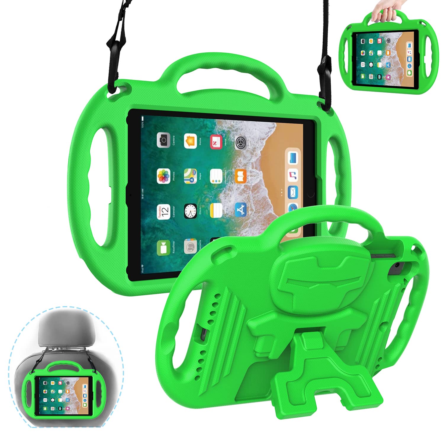 eTopxizu Shockproof Kids iPad Case for iPad 6th/5th Gen (9.7 inch 2018/2017), iPad Air 2 & 1 - Durable Handle with Kickstand & Adjustable Shoulder Strap - Green | Perfect for School, Travel & Home Learning