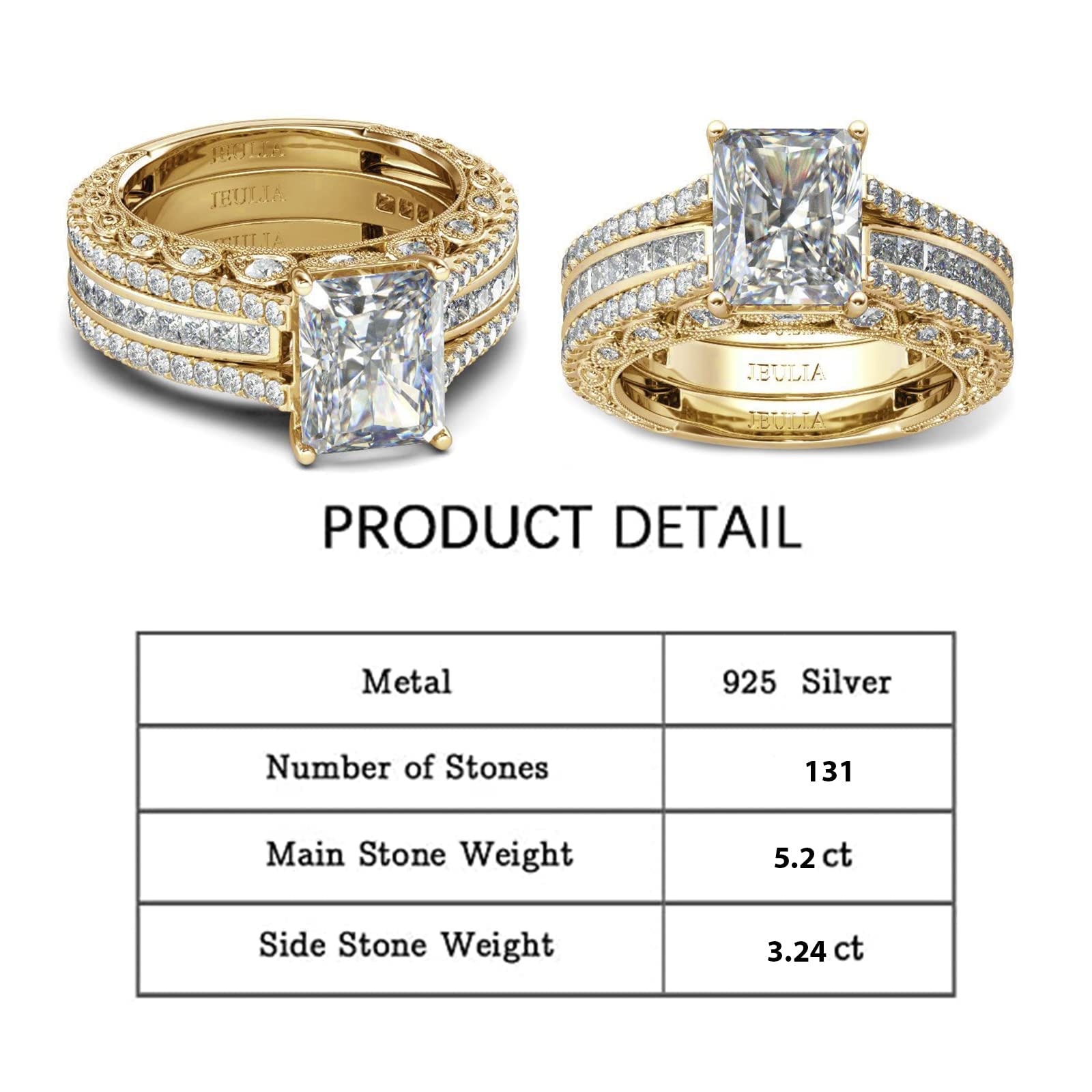 Jeulia 3PC CZ Diamond Engagement Ring Set - Radiant Cut Wedding Promise Anniversary Rings with Side Stones, Romantic Jewelry Gift for Women, Gift Box Included | Perfect for Proposals, Anniversaries & Special Occasions