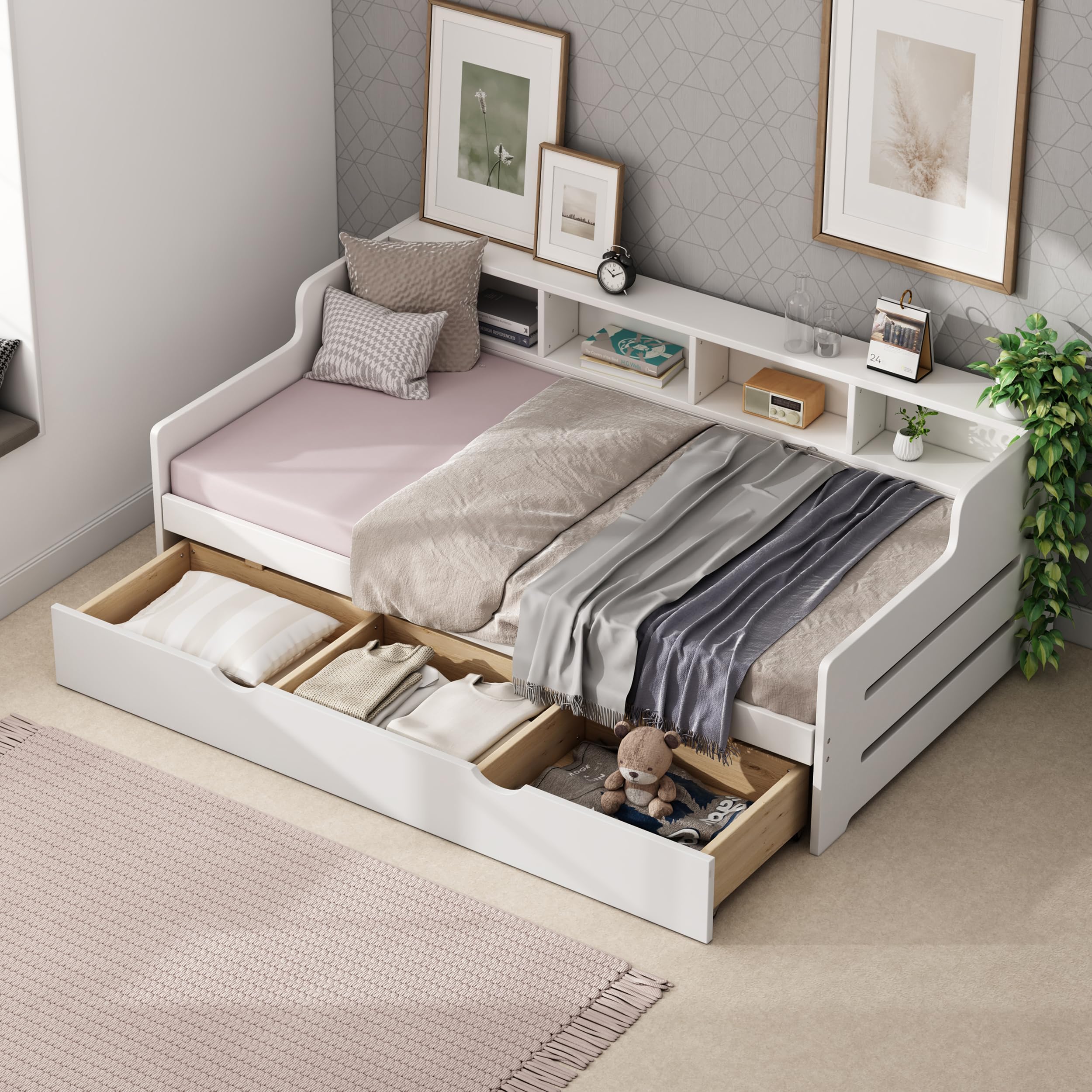 SOFTSEA Twin Size Daybed with Storage - Wooden Daybed with Drawers & Bookcase Headboard for Kids & Teens - 3-in-1 Drawer Twin Platform Bed for Living Room, Guest Room, Dorm or Small Space - White