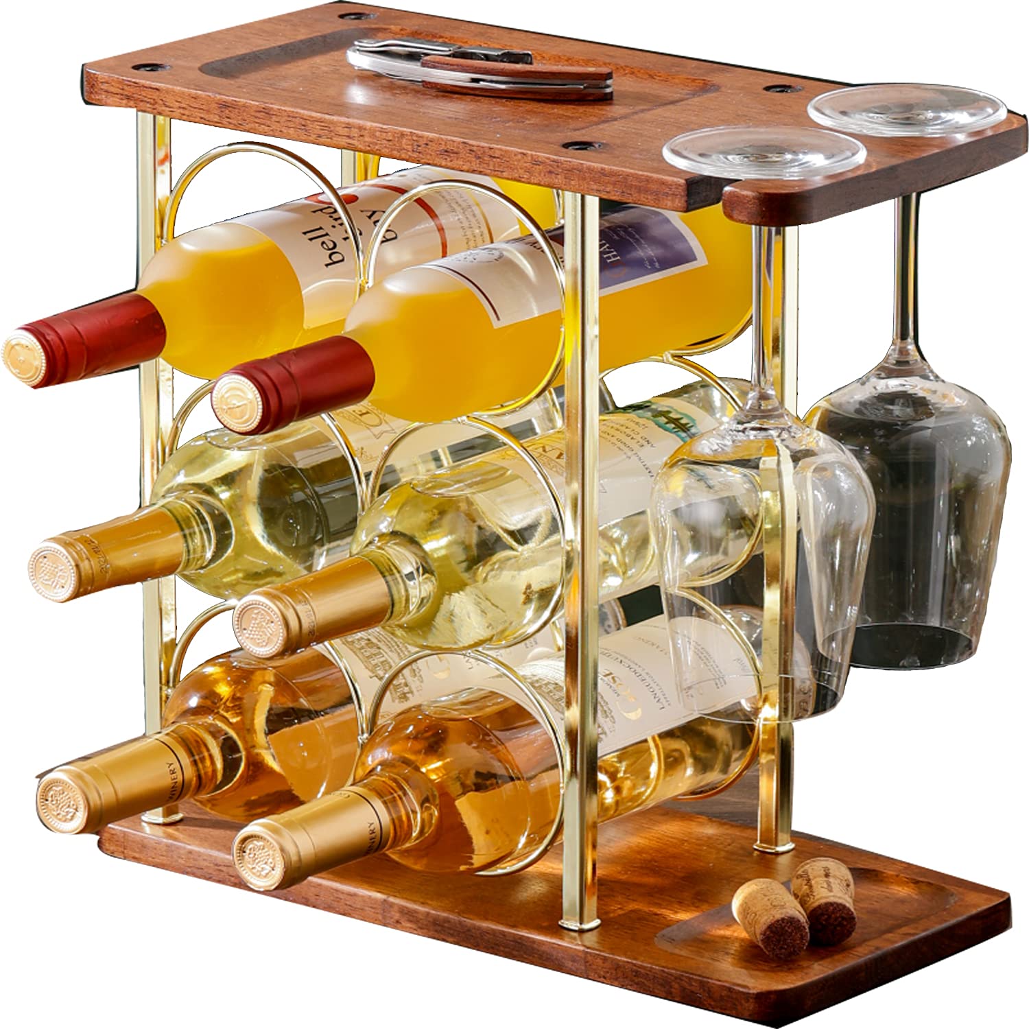 Premium Wooden Wine Rack with Glass Holder - 6 Bottle & 2 Glass Countertop Storage Organizer - Rustic Home Bar Decor for Kitchen, Dining Room & Wine Cellar - Perfect for Entertaining & Wine Display