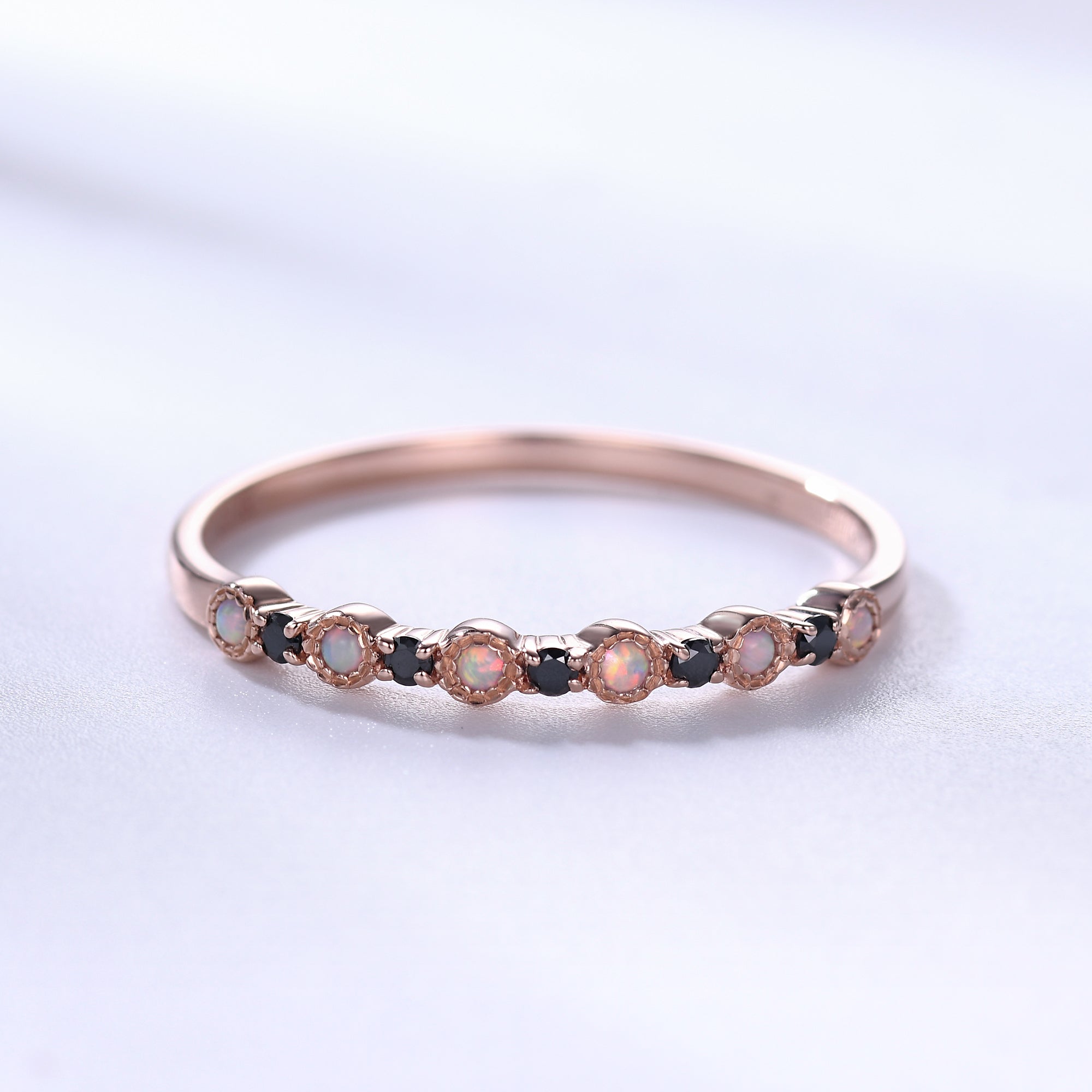 14k Rose Gold Opal Black Onyx Wedding Band - Stackable Milgrain Ring for Women | Perfect for Bridal Jewelry, Anniversary Gifts & Everyday Elegance