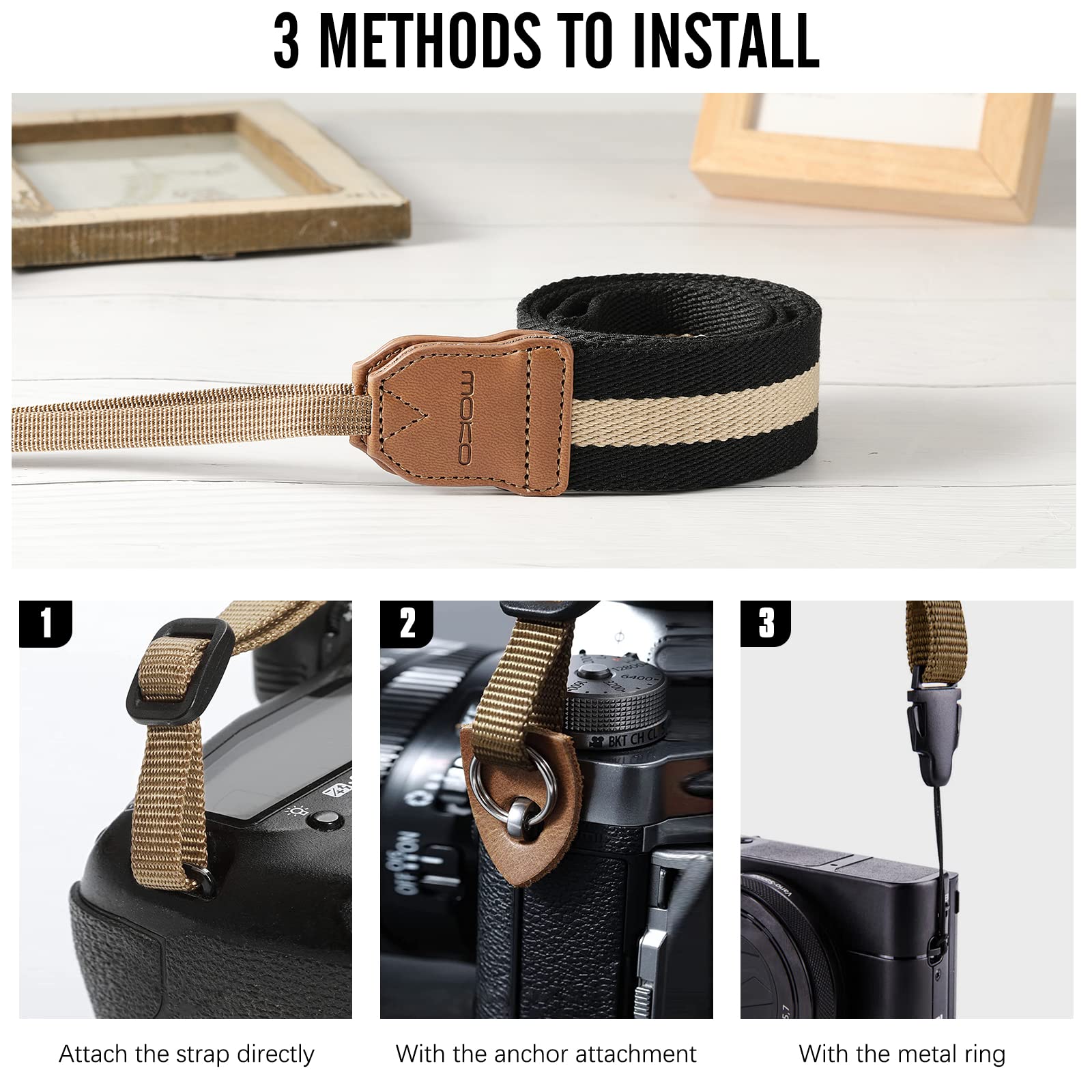 MoKo Adjustable Cotton Woven Camera Strap - Universal Neck & Shoulder Strap for DSLR, SLR, Mirrorless Cameras (Nikon/Canon/Sony/Panasonic) & Binoculars - Comfortable & Durable (Black & Beige) - Perfect for Travel, Photography & Outdoor Adventures