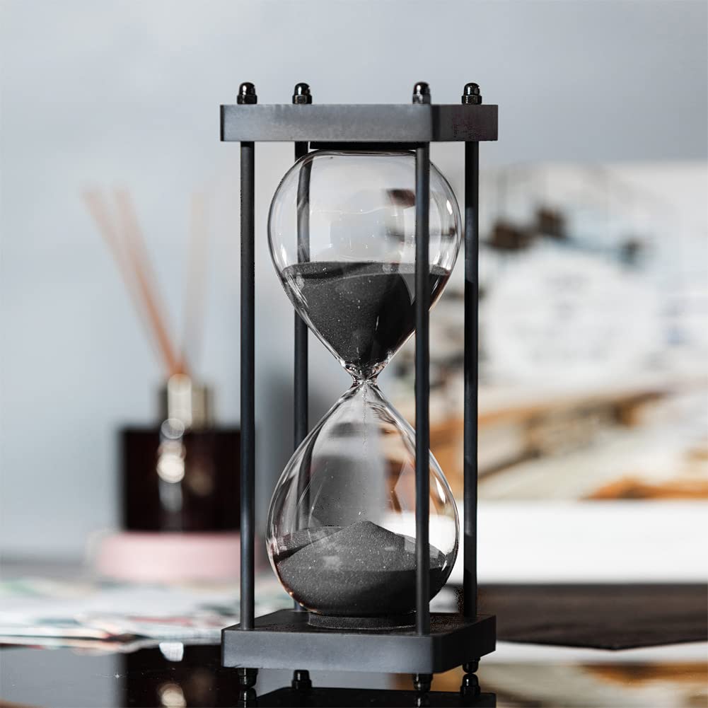 60 Minute Large Hourglass Timer - Decorative Black Frame Sandglass with Black Sand for Kitchen, Classroom, Yoga, Meditation & Home Decor