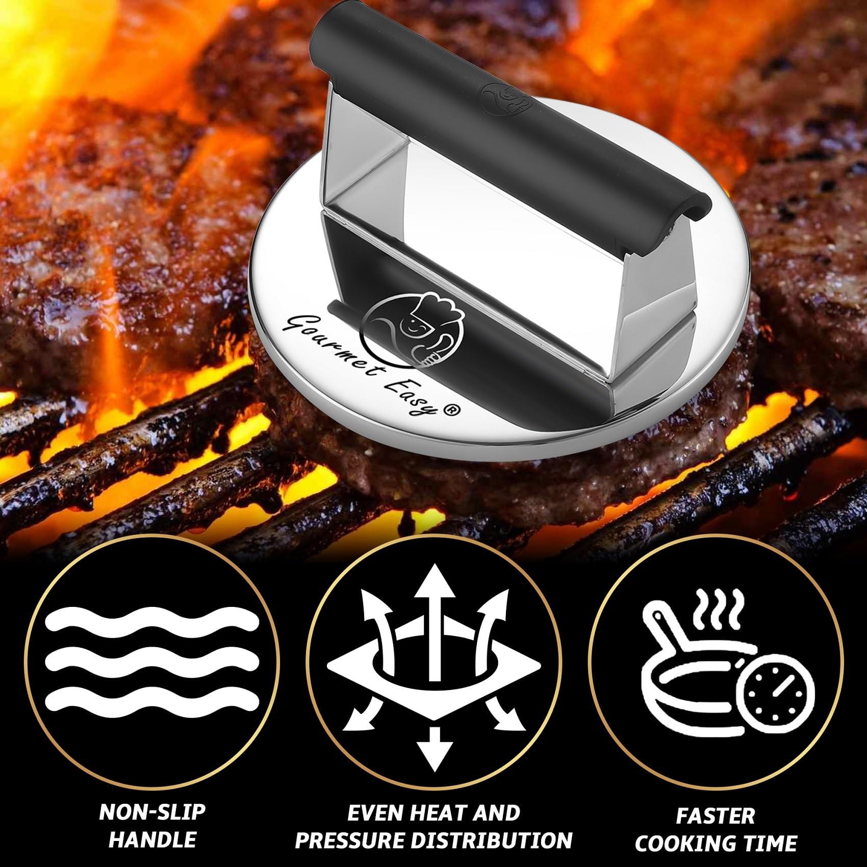 2lb Stainless Steel Smash Burger Press with Heat-Resistant Handle - Heavy Duty Hamburger Smasher for Griddle, Dishwasher Safe Meat Press for Flat Top Grill Cooking - Perfect for BBQ, Backyard Parties & Restaurant Use