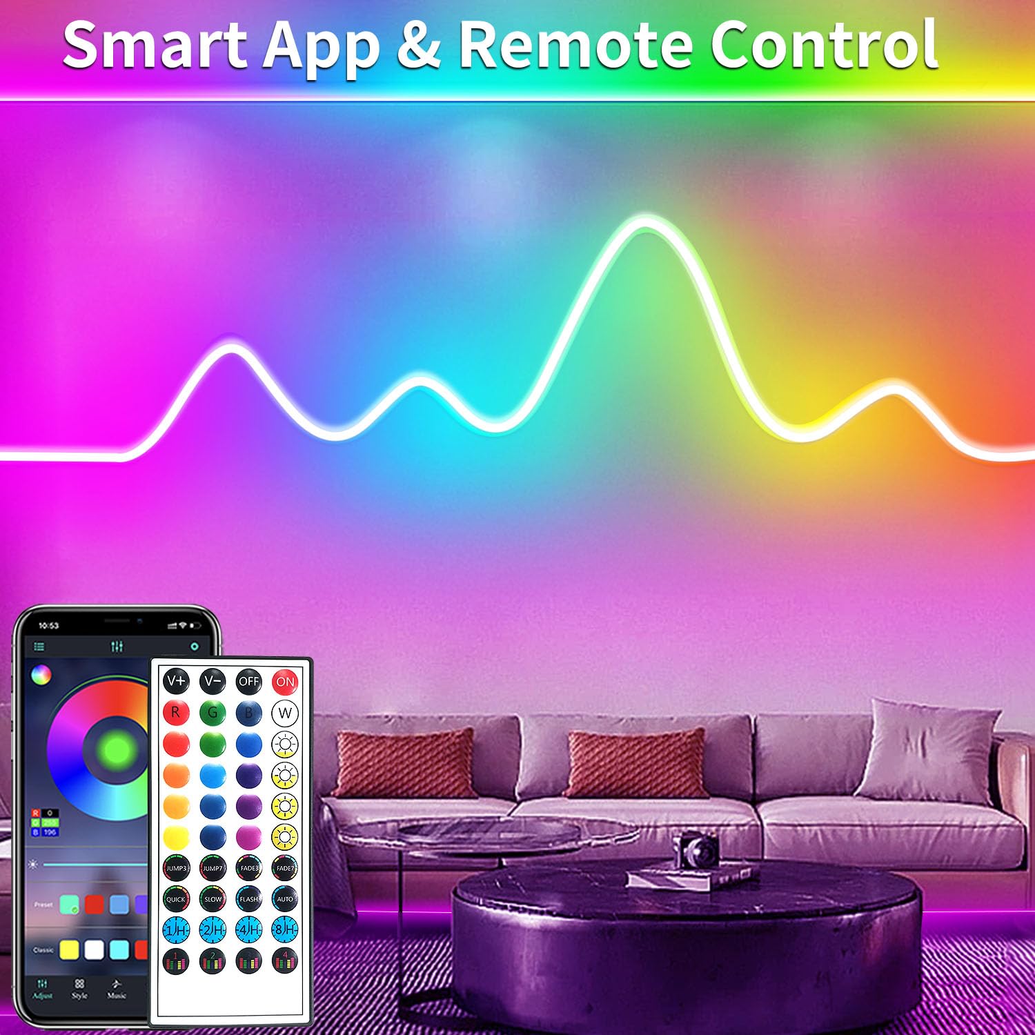 16.4ft RGB 24V LED Neon Lights with Remote & APP Control, IP65 Waterproof Flexible Neon Rope Lights for Bedroom, Living Room, Outdoor Decor - Perfect for Parties, Weddings, and Home Lighting