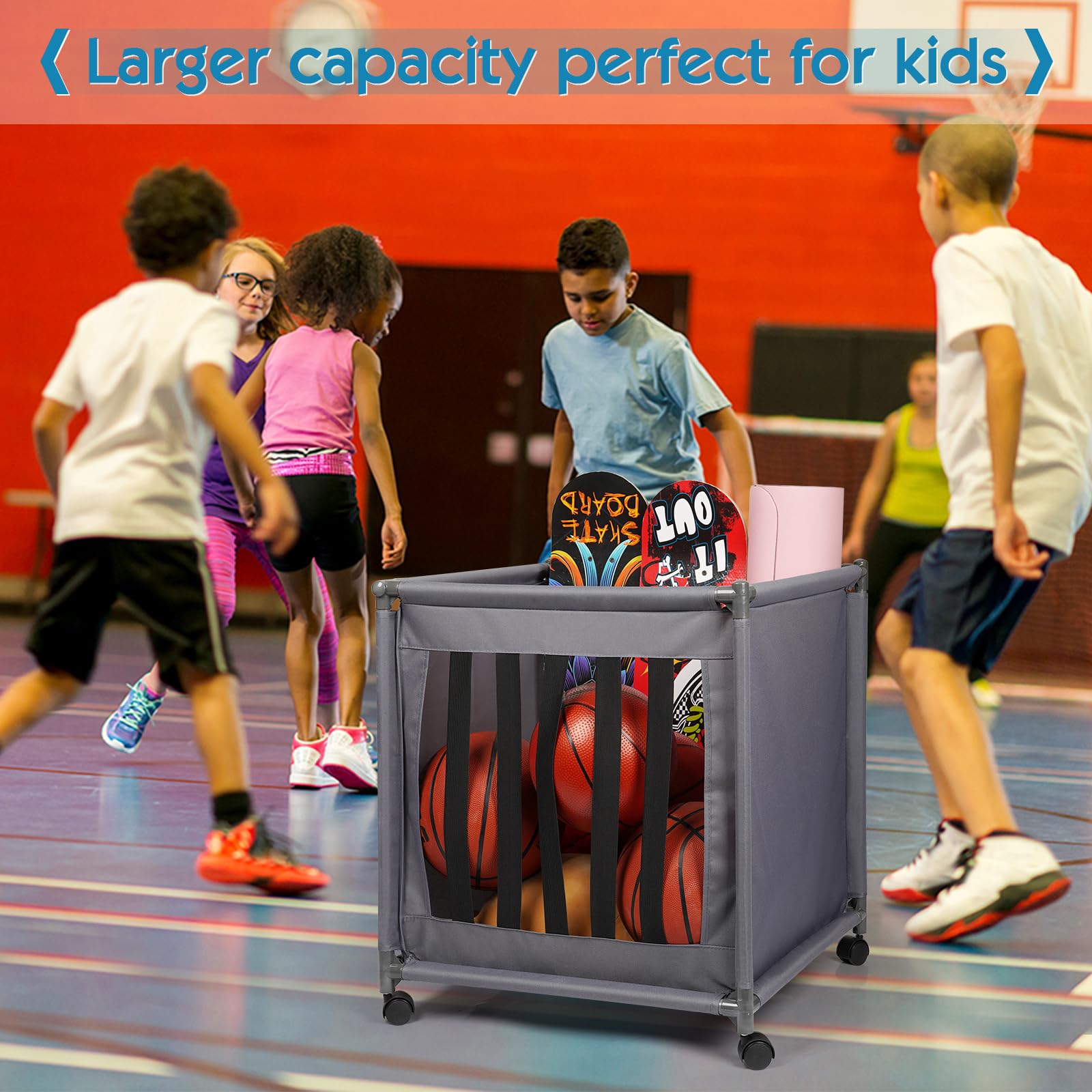 Lockable Rolling Sports Ball Storage Cart with Wheels - Organizer for Basketball, Soccer, Volleyball - Heavy Duty Garage & Gym Equipment Storage with Elastic Straps - Perfect for Home, School, and Sports Facilities
