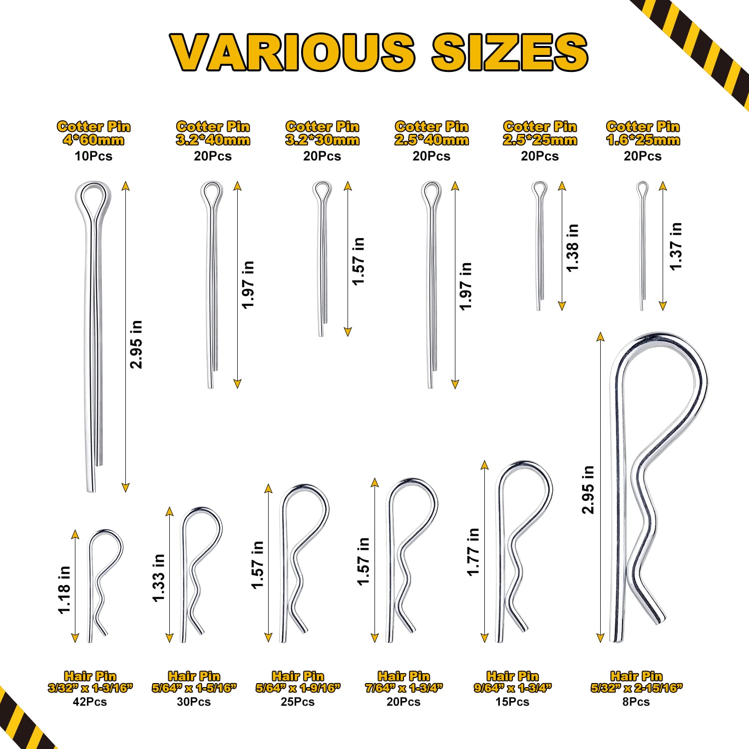 250Pcs Hairpin Cotter Pins Assortment Kit - Zinc Plated Steel R Clips & Cotter Keys for Hitch, Lawn Mower, Truck - Secure Fastening for Automotive, Machinery & DIY Projects
