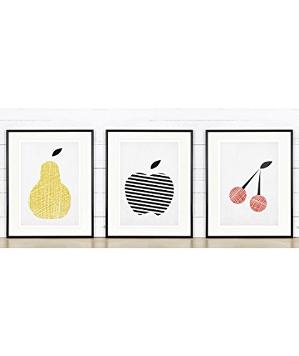 Minimalist Fruit Wall Art - Apple Pear Cherry Print for Kitchen Decor | Scandinavian Retro Poster