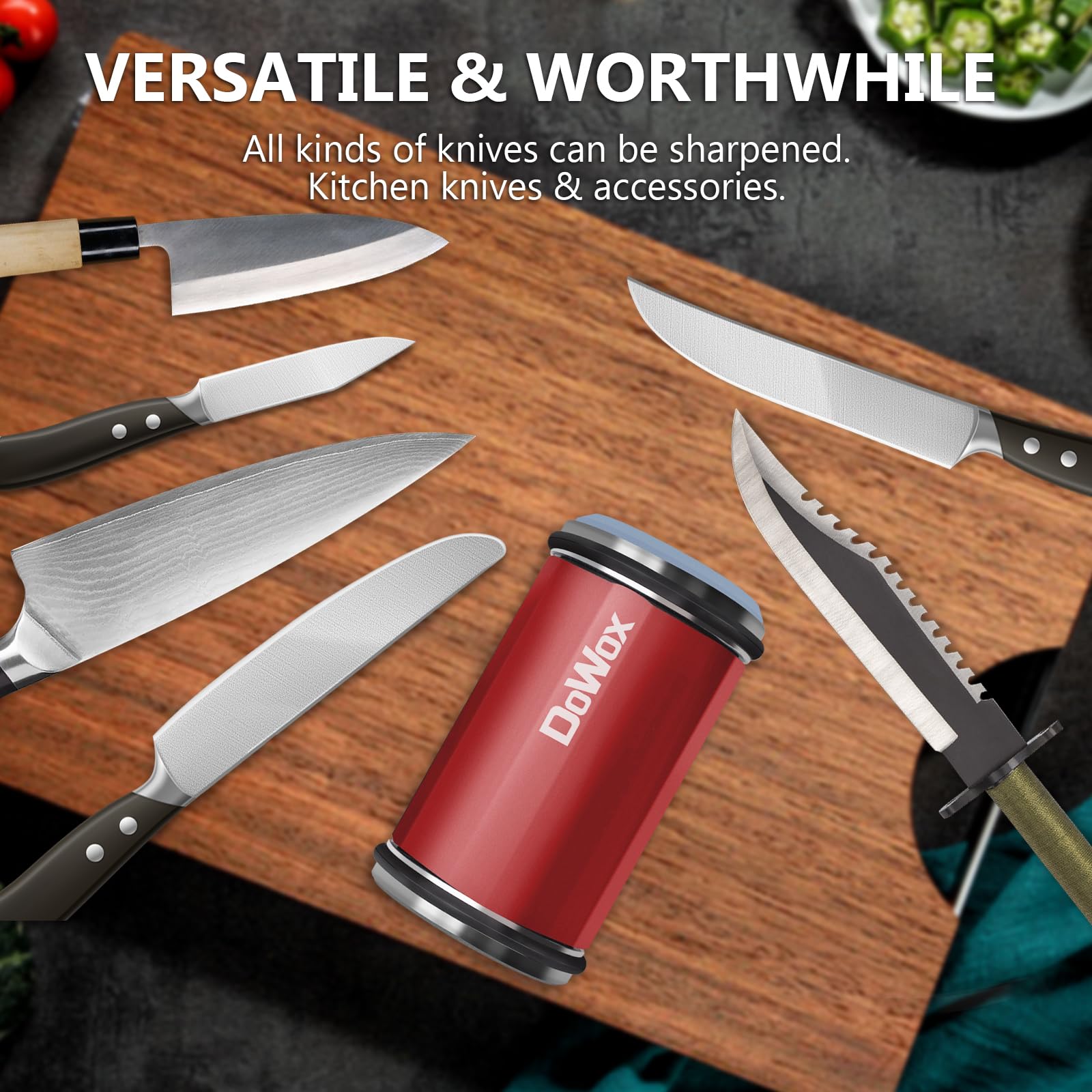 Upgraded Rolling Knife Sharpener with Leather Strop - 4 Degree Angle & 4 Replaceable Honing Discs - Easy Kitchen Knife Sharpening Tool - Perfect for Chefs, Home Cooks & Outdoor Enthusiasts - Red