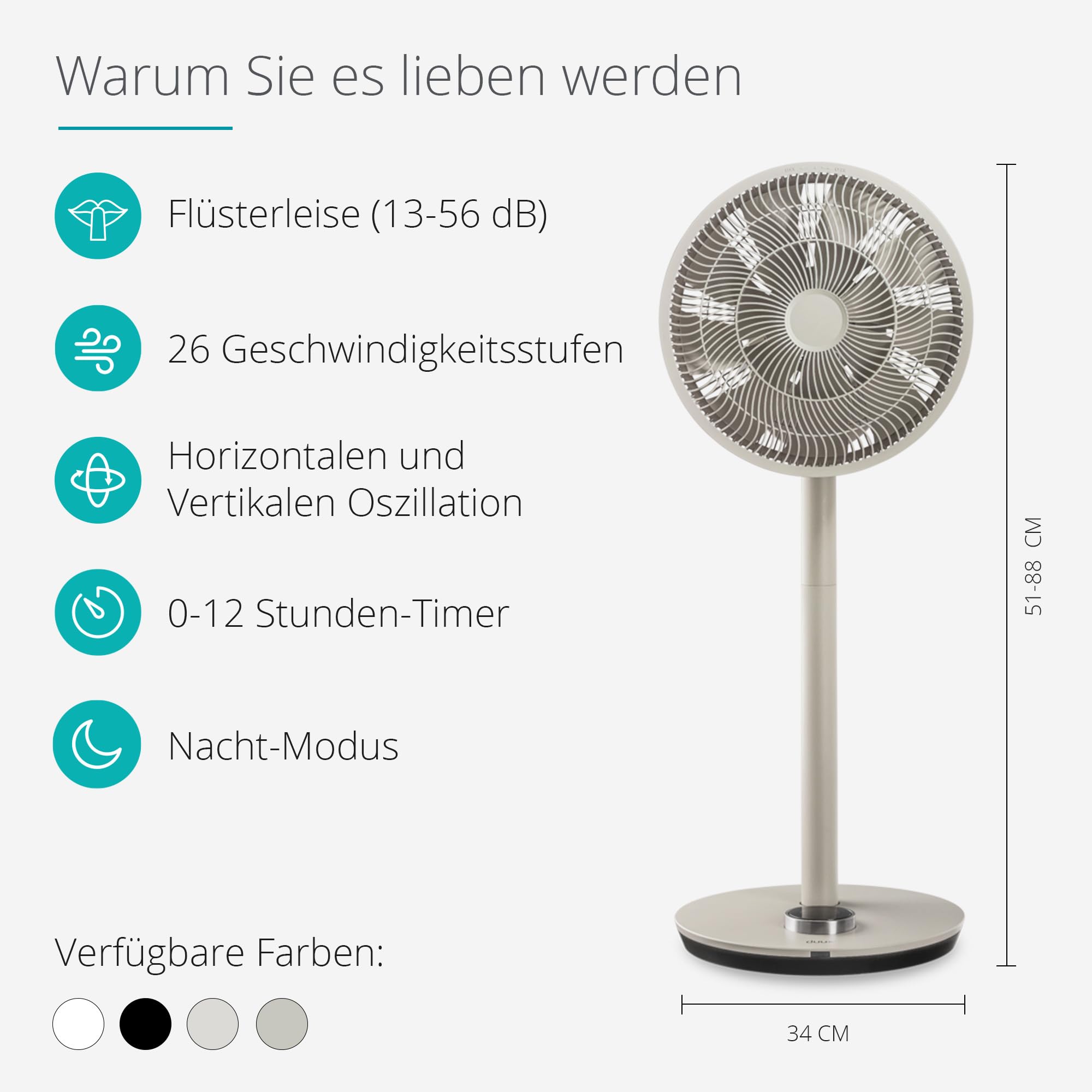 Duux Whisper Flex Smart Stand Fan - Remote & Smartphone Control - Adjustable Height 51-88cm - Quiet Fan with Night Mode & Timer - Energy Efficient, Battery-Free - Greige - Perfect for Bedroom, Office & Living Room Cooling