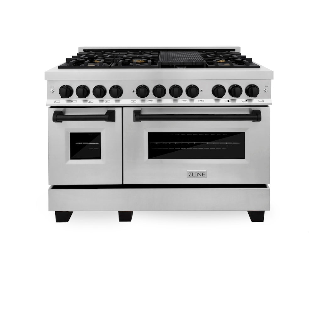 ZLINE Autograph Edition 48-inch Stainless Steel Dual Fuel Range with Matte Black Accents - Professional Kitchen Package Includes Range Hood & Dishwasher - Perfect for Modern Home Chefs & Gourmet Cooking