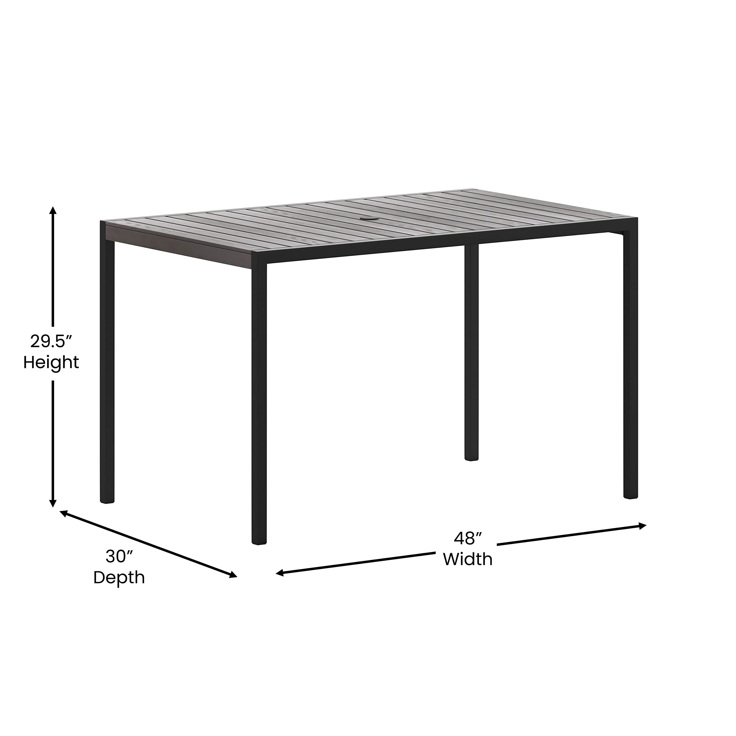 Flash Furniture Lark Commercial Outdoor Steel Dining Table with Umbrella Hole - Gray Wash Faux Teak Poly Slatted Top - Black Frame - 30x48 Inch - Seats 4 Adults - Perfect for Patio, Backyard, Restaurant Outdoor Dining