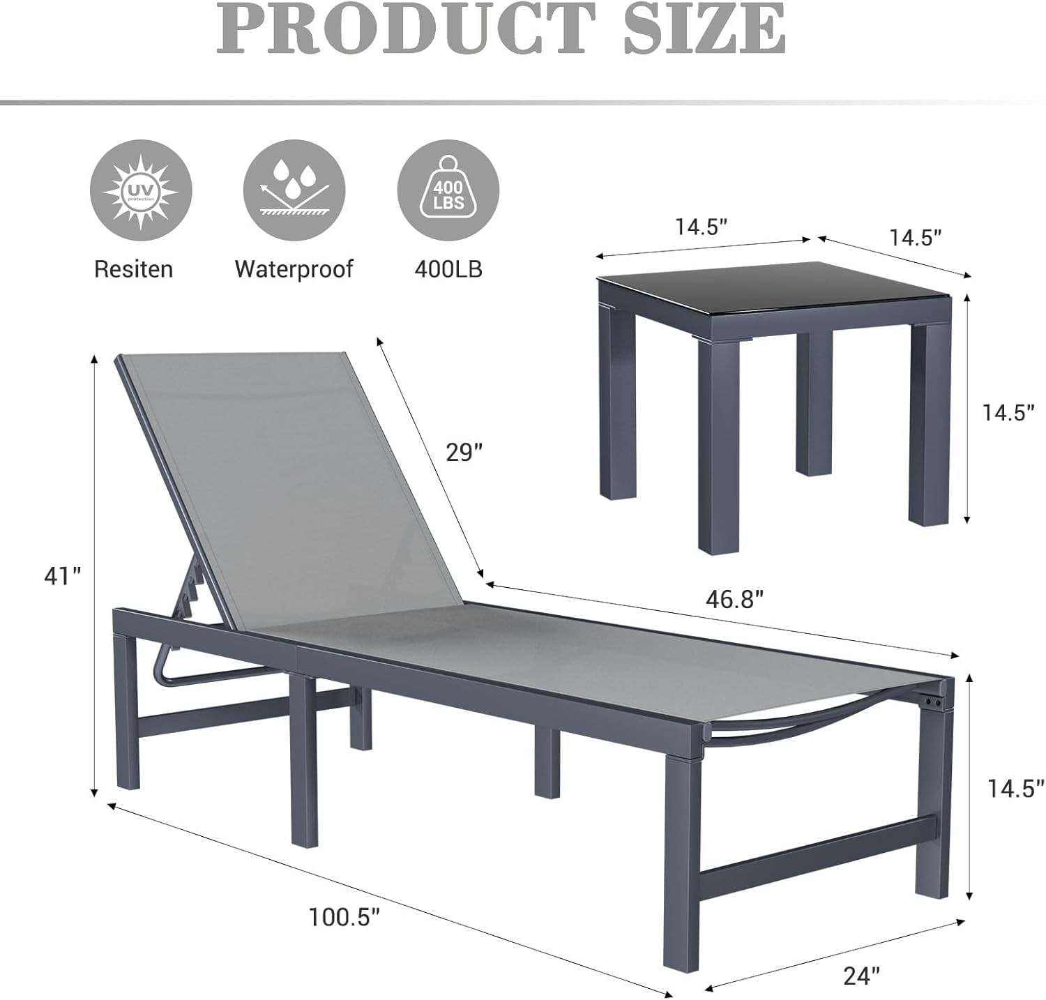 UDPATIO 3-Piece Outdoor Chaise Lounge Set with Adjustable Backrest and Side Table - Perfect for Poolside, Beach, Patio, and Backyard Sunbathing (Grey) | Durable Weather-Resistant Pool Lounge Chairs for Relaxing in Summer