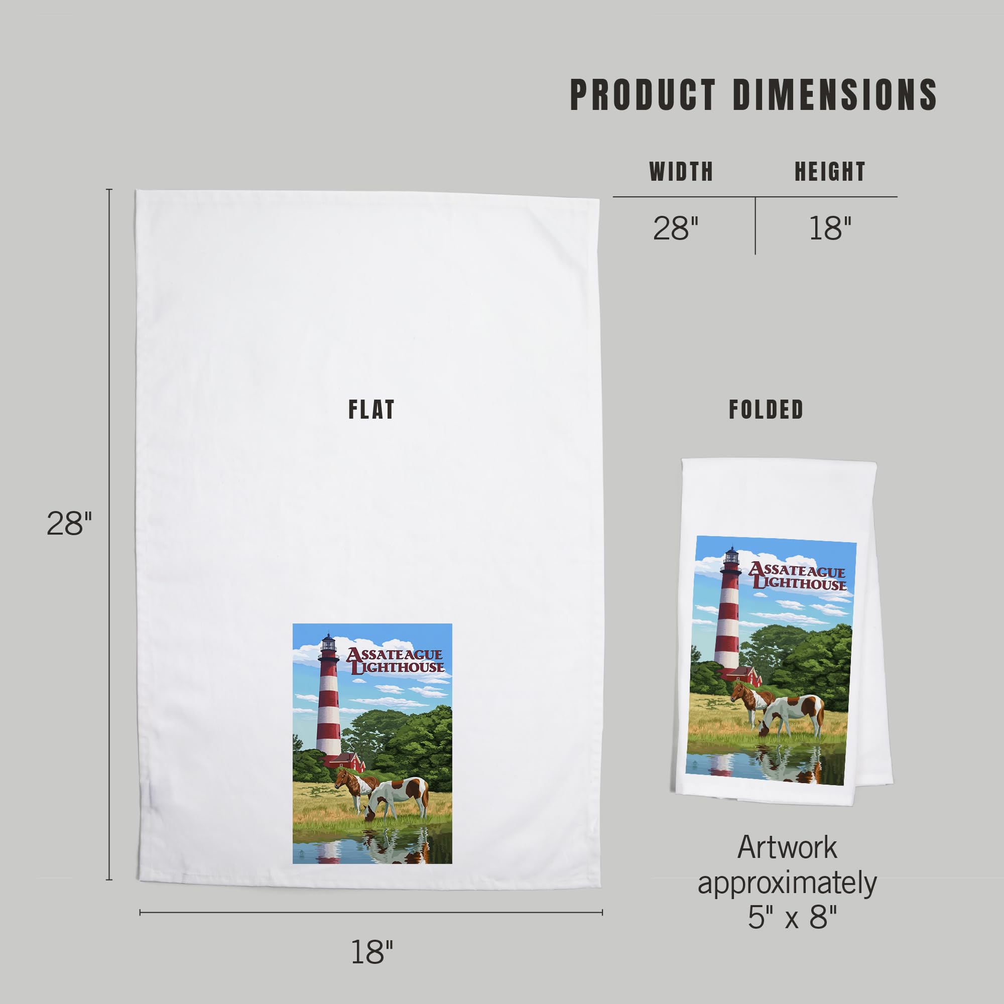 Lantern Press Assateague Virginia Lighthouse and Horses 100% Cotton Tea Towel - Decorative Kitchen Hand Towel for Home Decor, Dish Drying & Coastal Themed Gifts