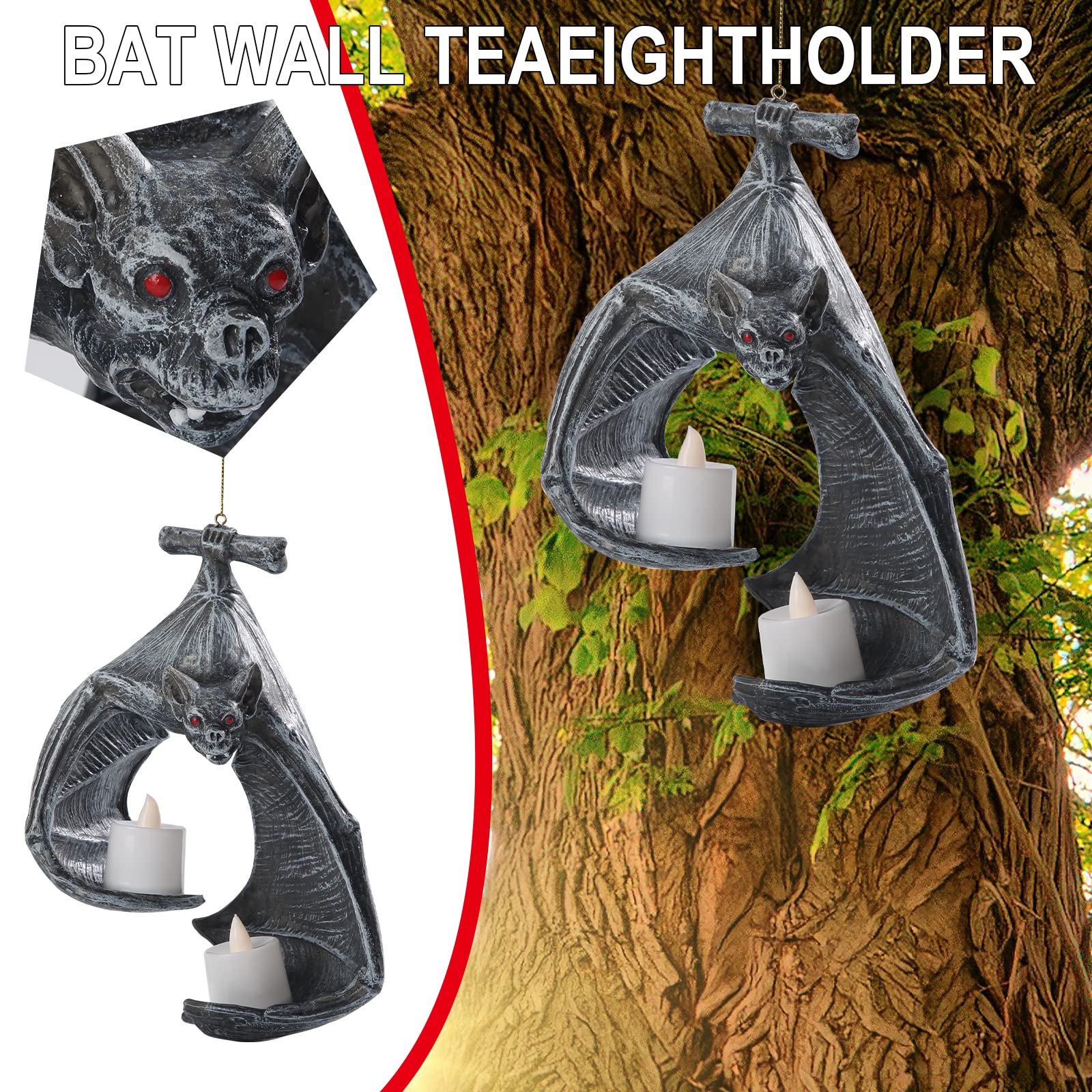 Halloween Bat Wall Tealight Holder - Gothic Bat Candle Sconce with Candles, Spooky Hanging Decor for Halloween Party, Home & Outdoor Decorations
