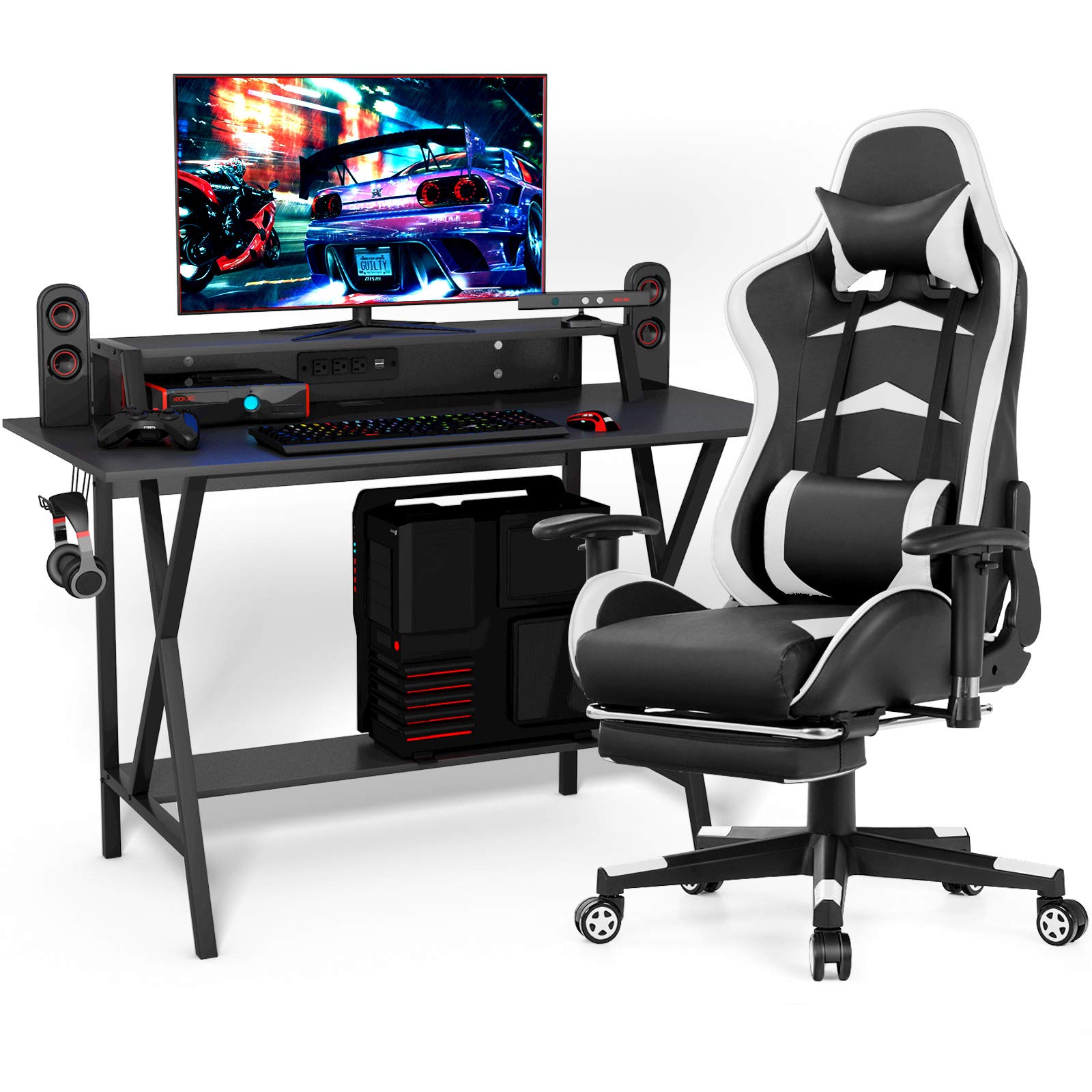 Tangkula Gaming Desk and Chair Set - Ergonomic E-Sport Gamer Desk with Monitor Stand & Racing Style Chair with Adjustable Height, Reclining Backrest, Footrest, Cup Holder & Headphone Hook - Perfect for PC Gaming, Streaming & Home Office Setup