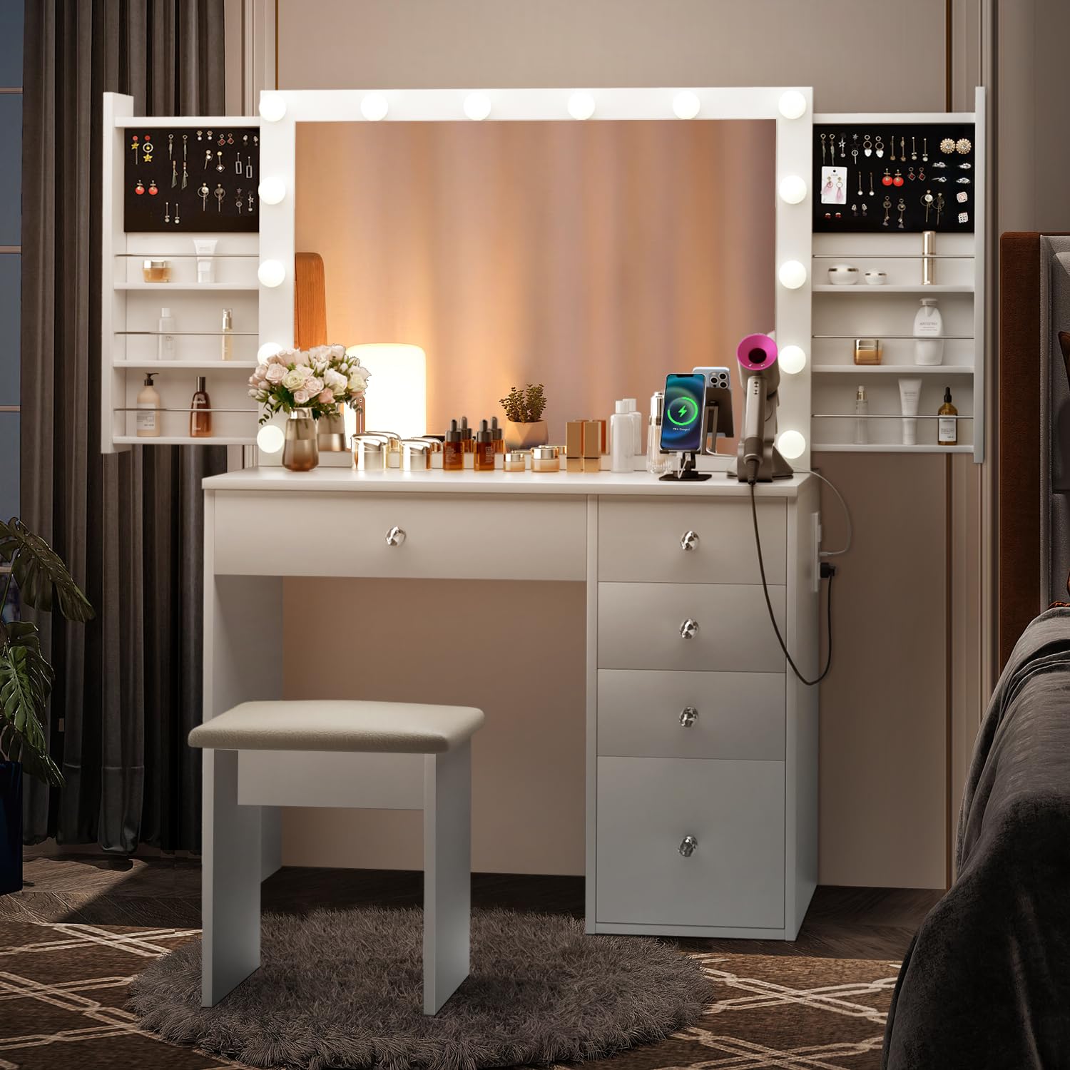 SMOOL Vanity Desk with LED Lights Mirror, Power Outlet & Stool - Adjustable Brightness Makeup Dressing Table with Sliding Drawers, Space Saving Beauty Station for Women & Girls (White) | Perfect for Bedroom, Dorm Room & Home Salon Setup