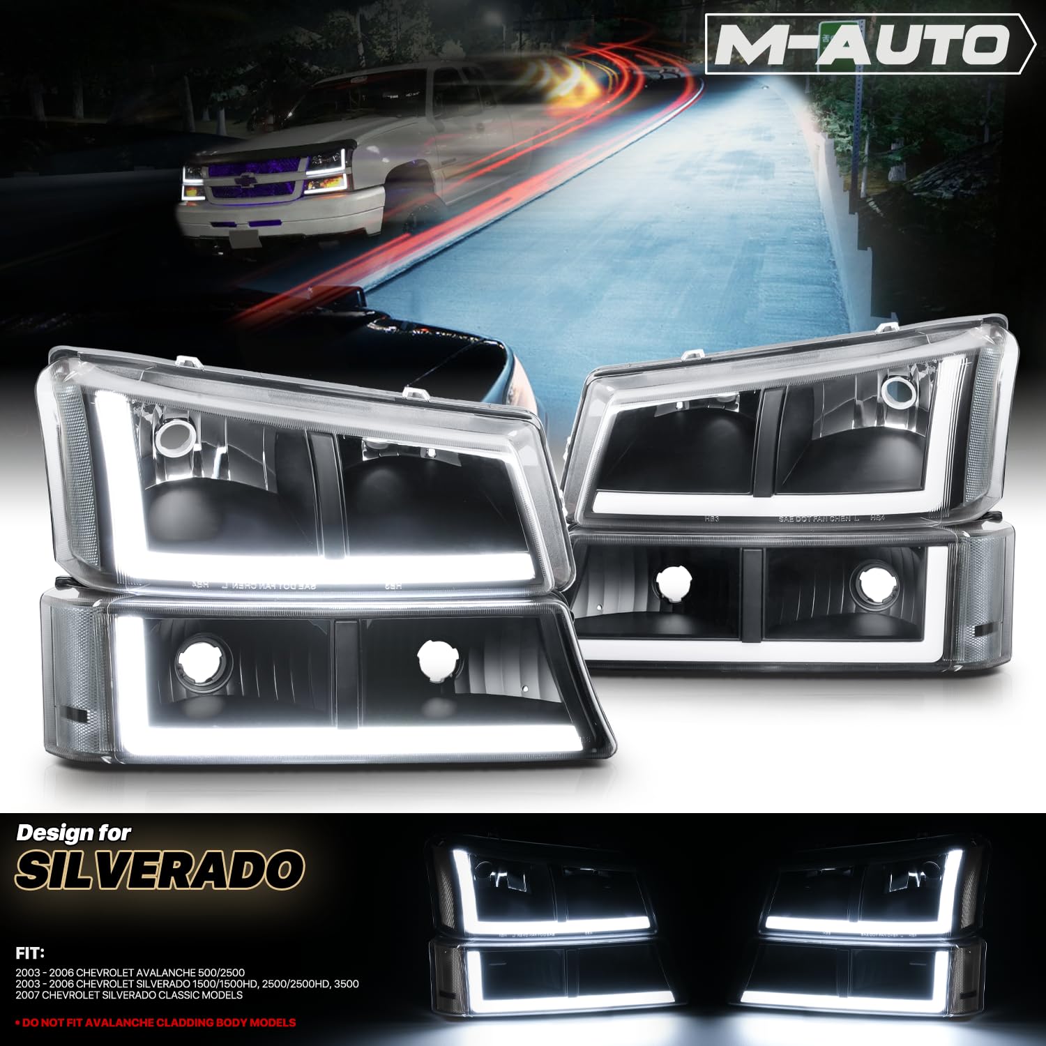 M-AUTO LED Headlights for 03-06 Chevy Silverado - DRL Daylight Strips | Off-Road & Night Driving